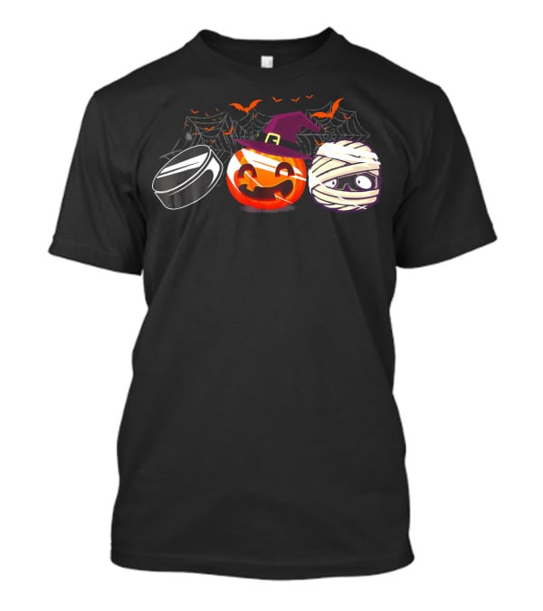 Hockey Puck Witch Pumpkin Mummy Halloween Bats Webs T-Shirt
