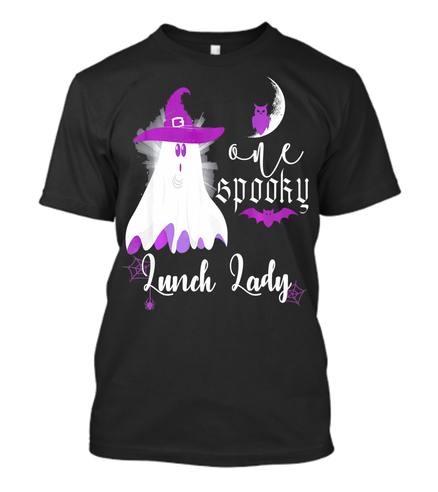 One Spooky Lunch Lady Halloween Ghost With Purple Bat And Moon T-Shirt