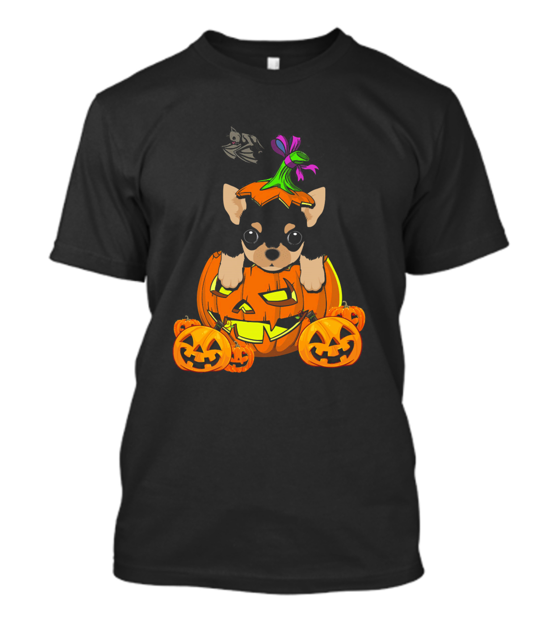 Happy Halloween Funny Chihuahua Jack-O'-Lantern Pumpkin With Bats T-Shirt