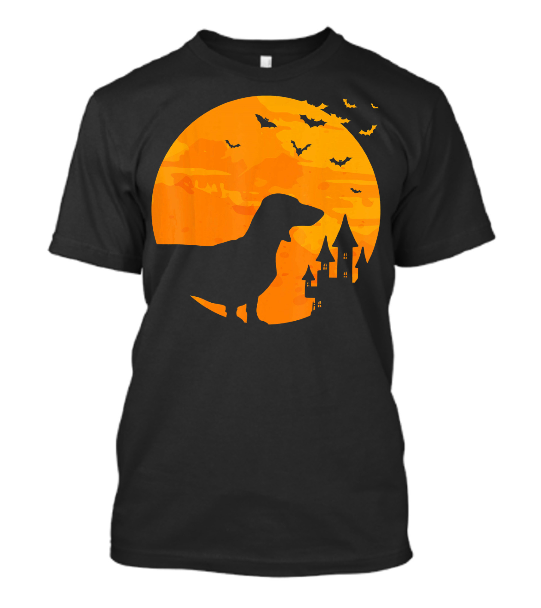 Dachshund Halloween Silhouette With Bats And Haunted Castle T-Shirt