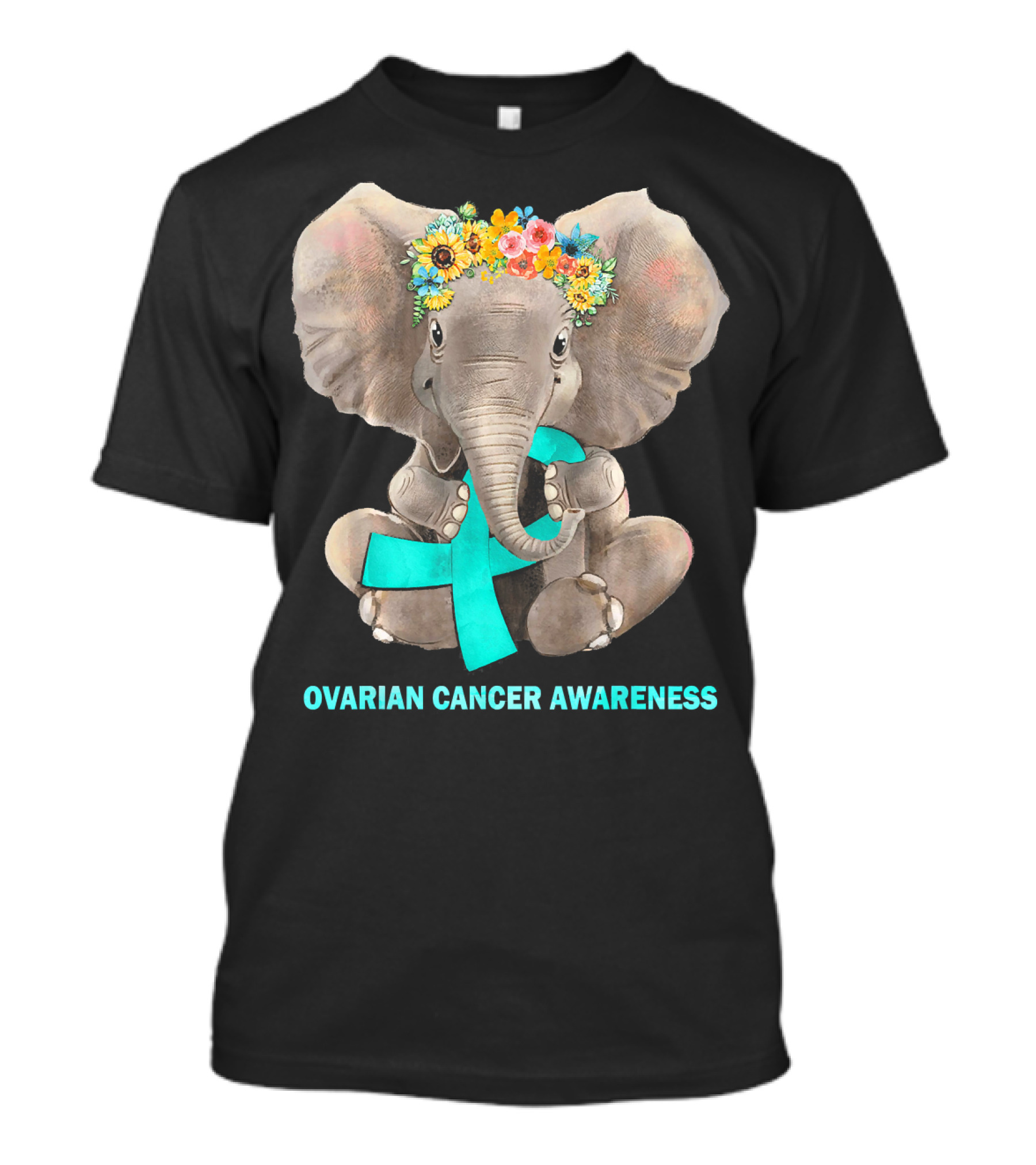Hippie Elephant Holding Teal Ribbon Ovarian Cancer Awareness T-Shirt