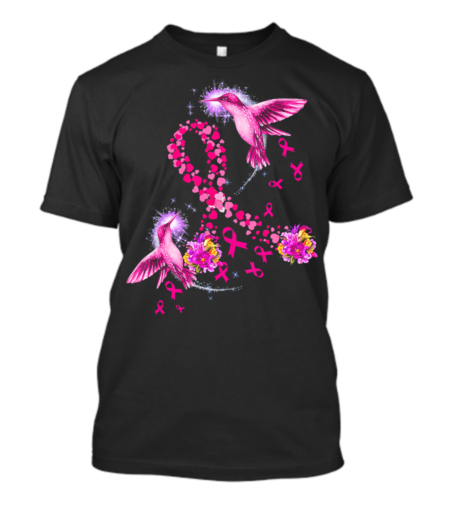 Hummingbird Heart Pink Ribbon Breast Cancer Awareness Flowers T-Shirt