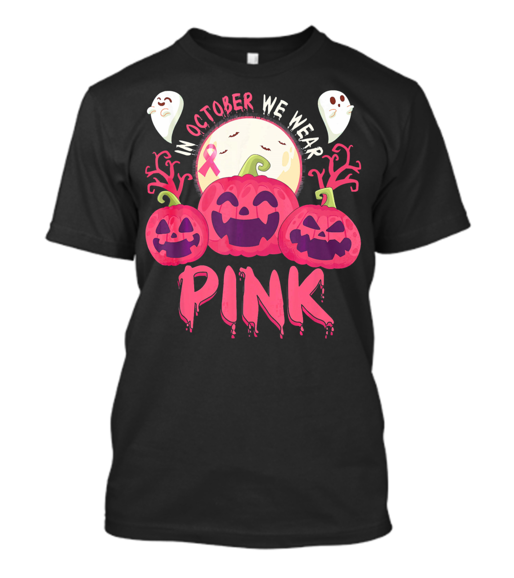 In October We Wear Pink Pumpkin With Ghosts And Moon T-Shirt