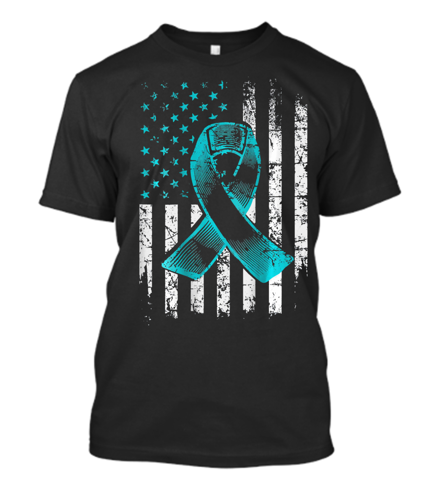 Fighting Flag Ovarian Cancer Awareness With Teal Ribbon And American T-Shirt