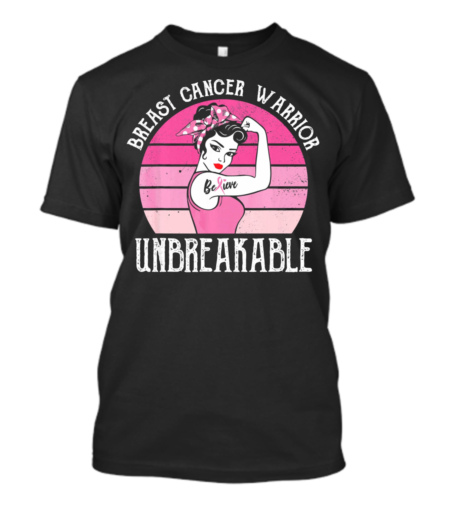 Breast Cancer Warrior Believe Unbreakable Retro Sunset T-Shirt
