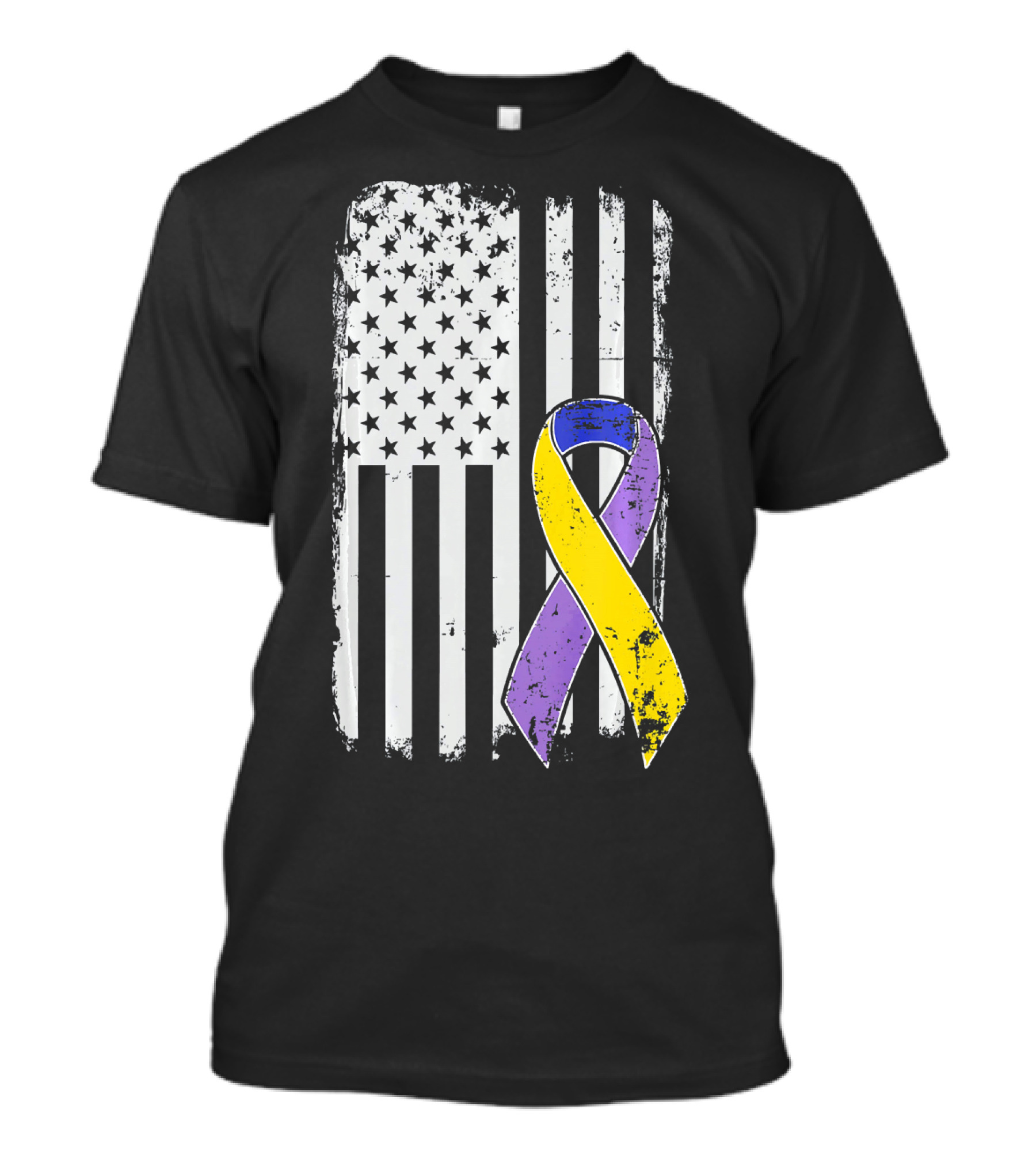 Bladder Cancer Awareness Distressed American Flag Purple Gold T-Shirt