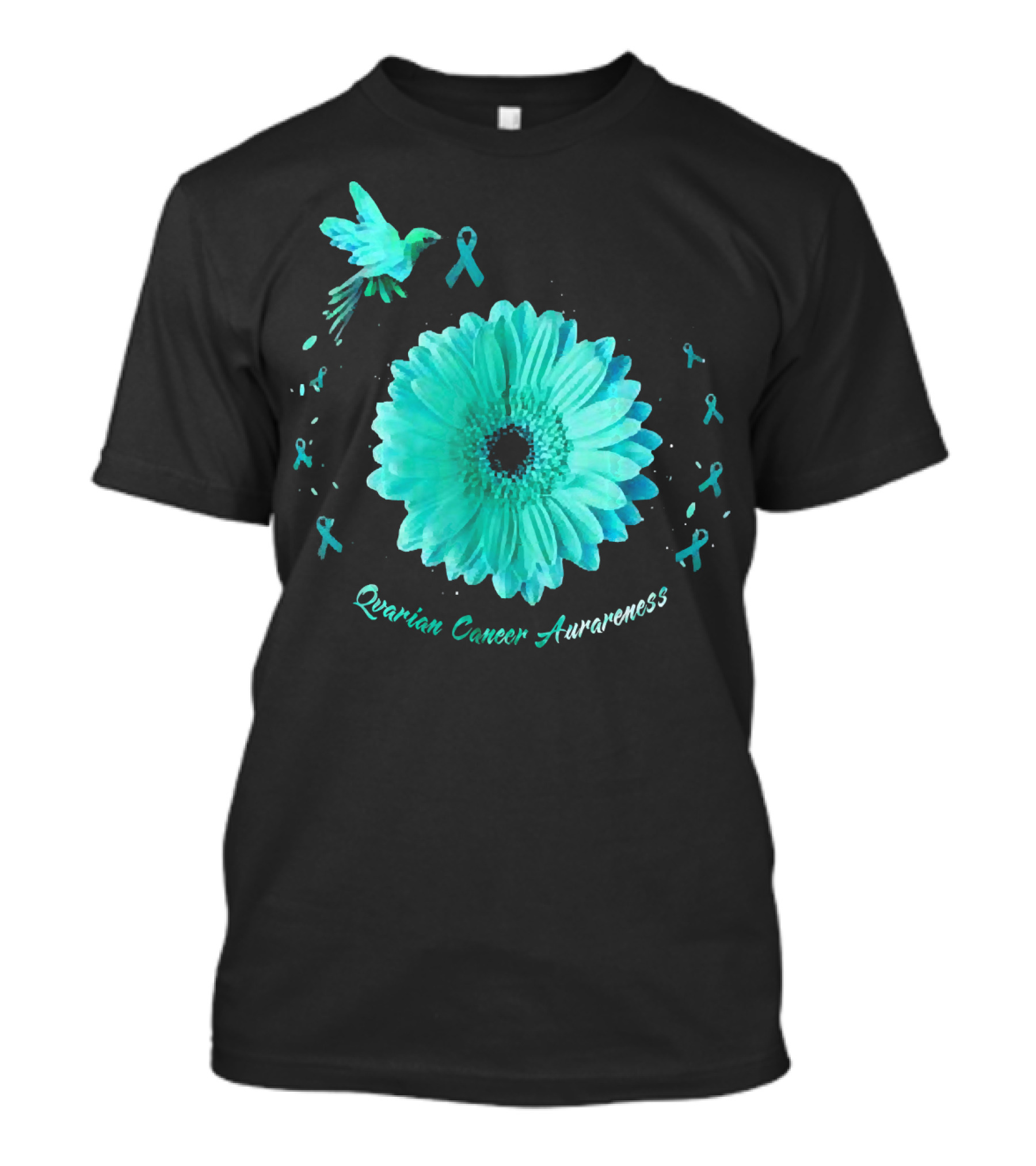 Teal Daisy Bird Ribbon Ovarian Cancer Awareness T-Shirt