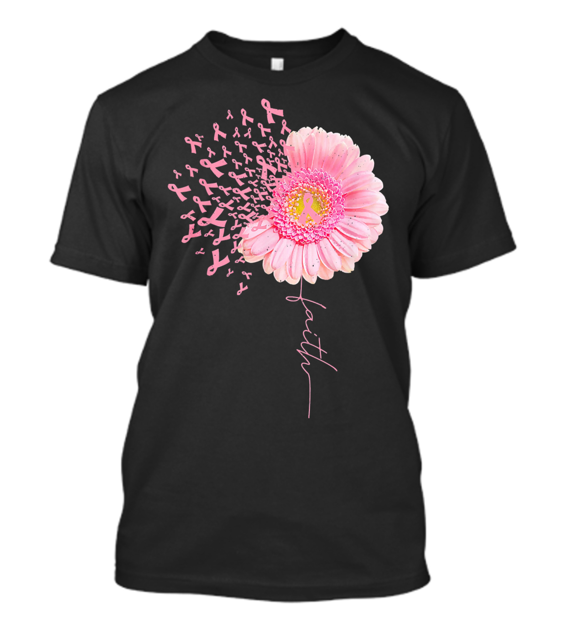 Faith Pink Ribbon Daisy Flower Breast Cancer Awareness T-Shirt