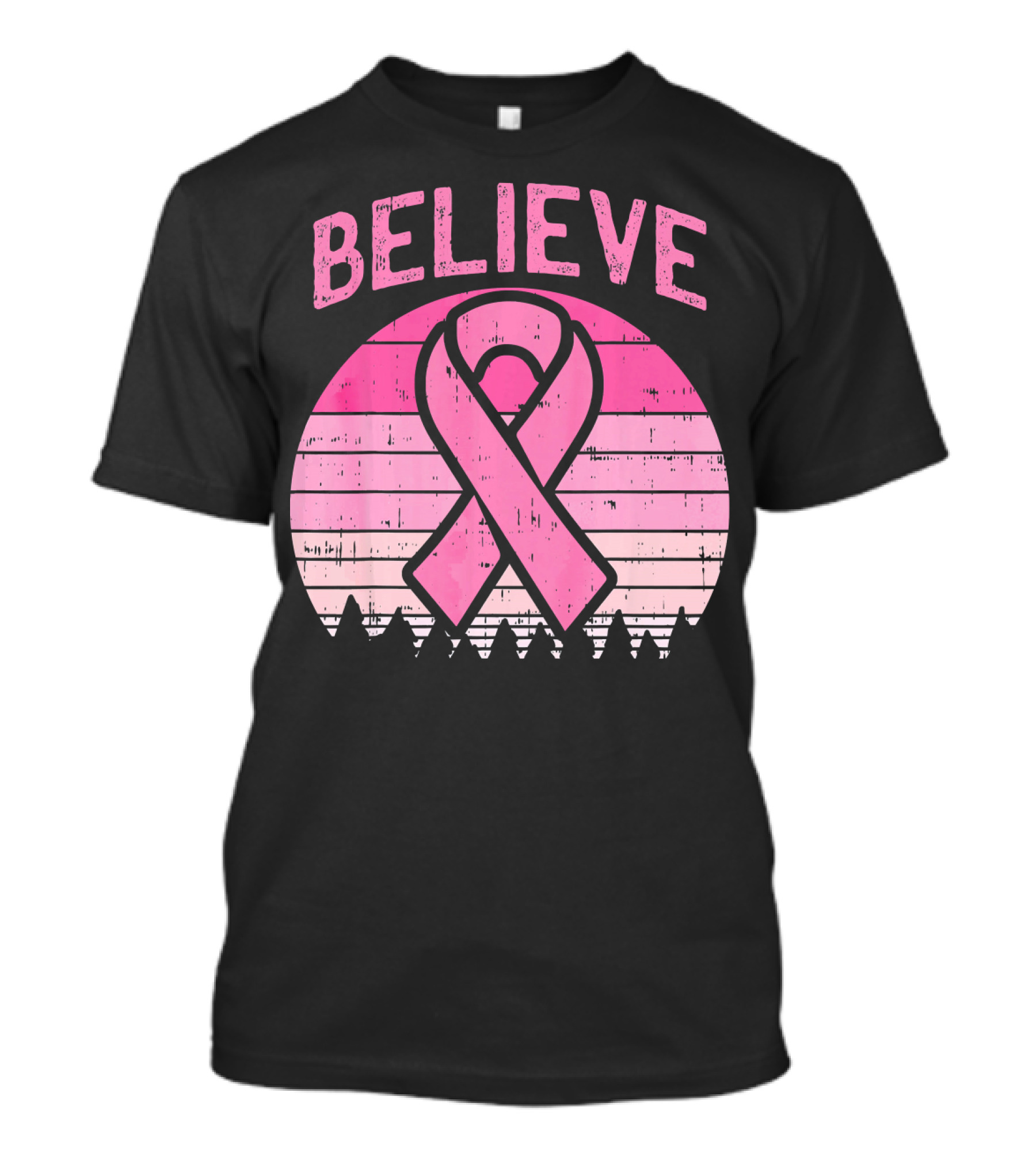 Believe Retro Sunset Pink Ribbon Breast Cancer Awareness T-Shirt