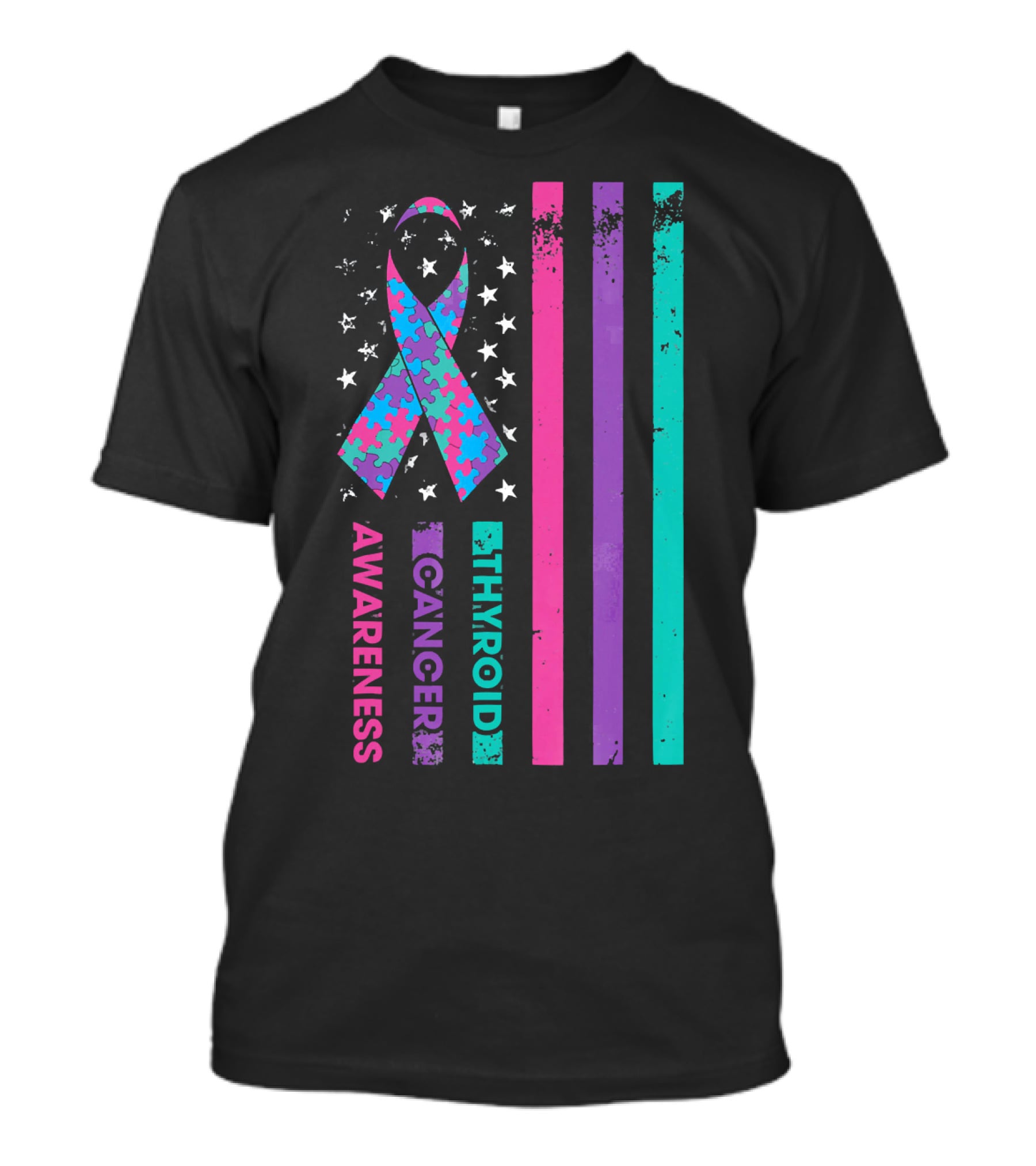 Thyroid Cancer Awareness Puzzle Ribbon Flag Stars Stripes T-Shirt
