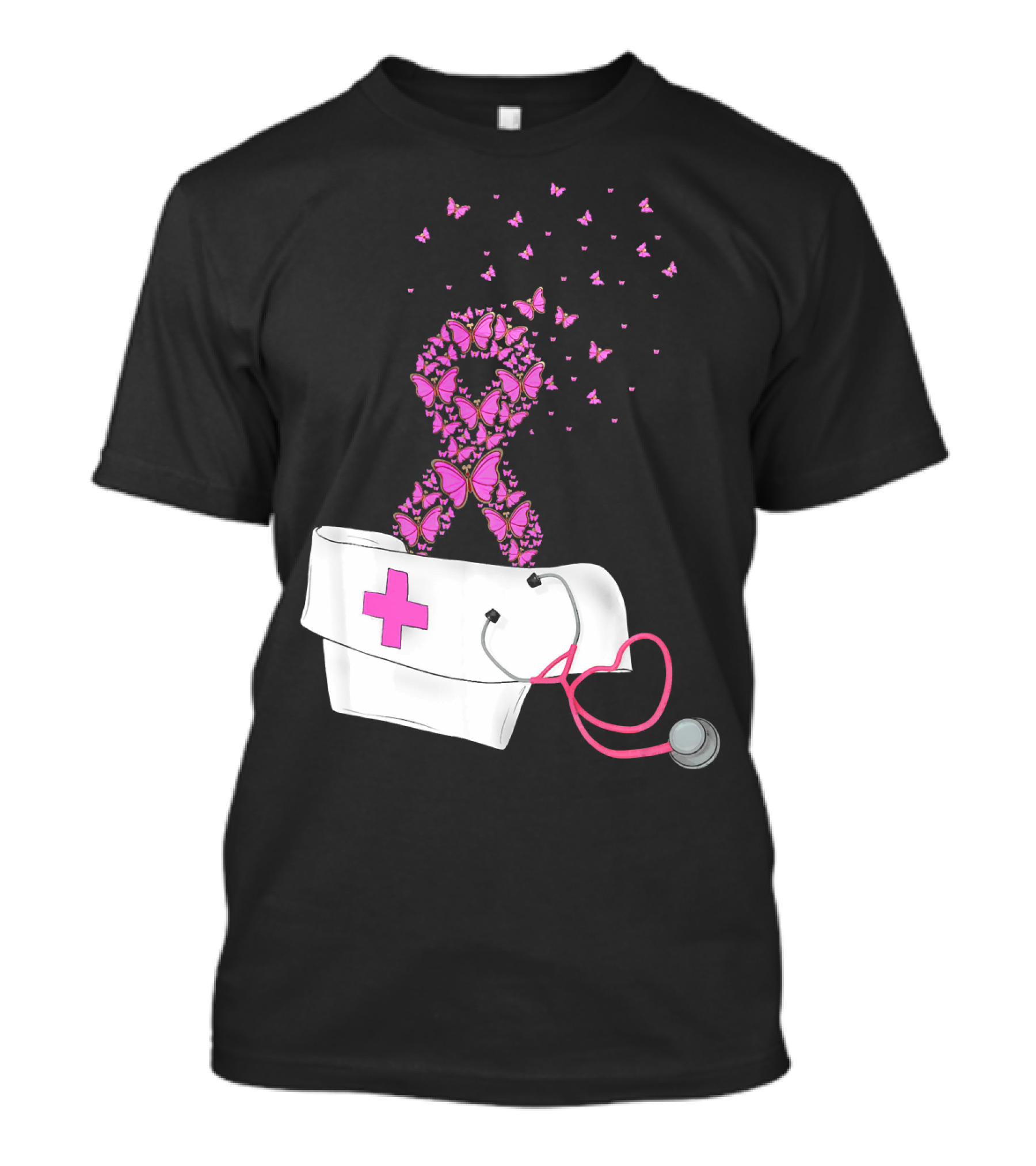 Breast Cancer Awareness Pink Butterfly Ribbon Nurse Doctor Stethoscope Hat T-Shirt