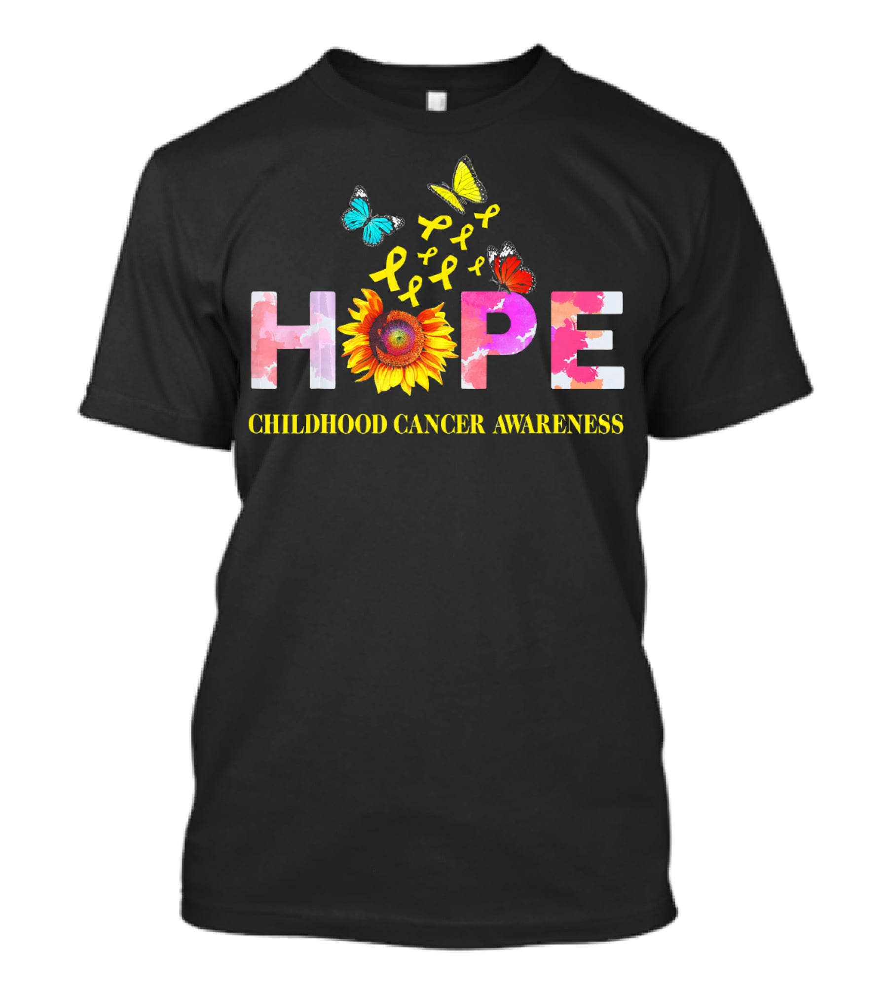 HOPE Childhood Cancer Awareness Yellow Ribbon Butterflies Sunflower T-Shirt