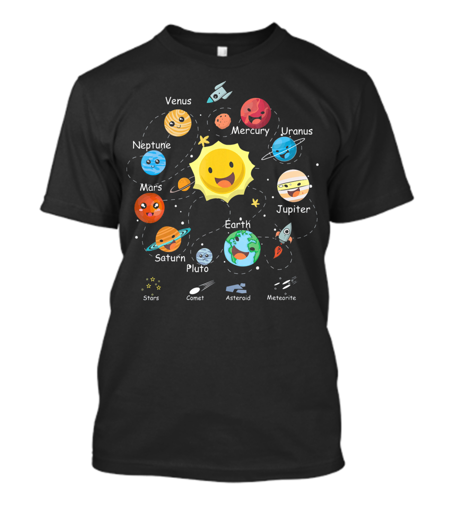 Funny Planets Solar System With Cute Sun And Space Objects T-Shirt