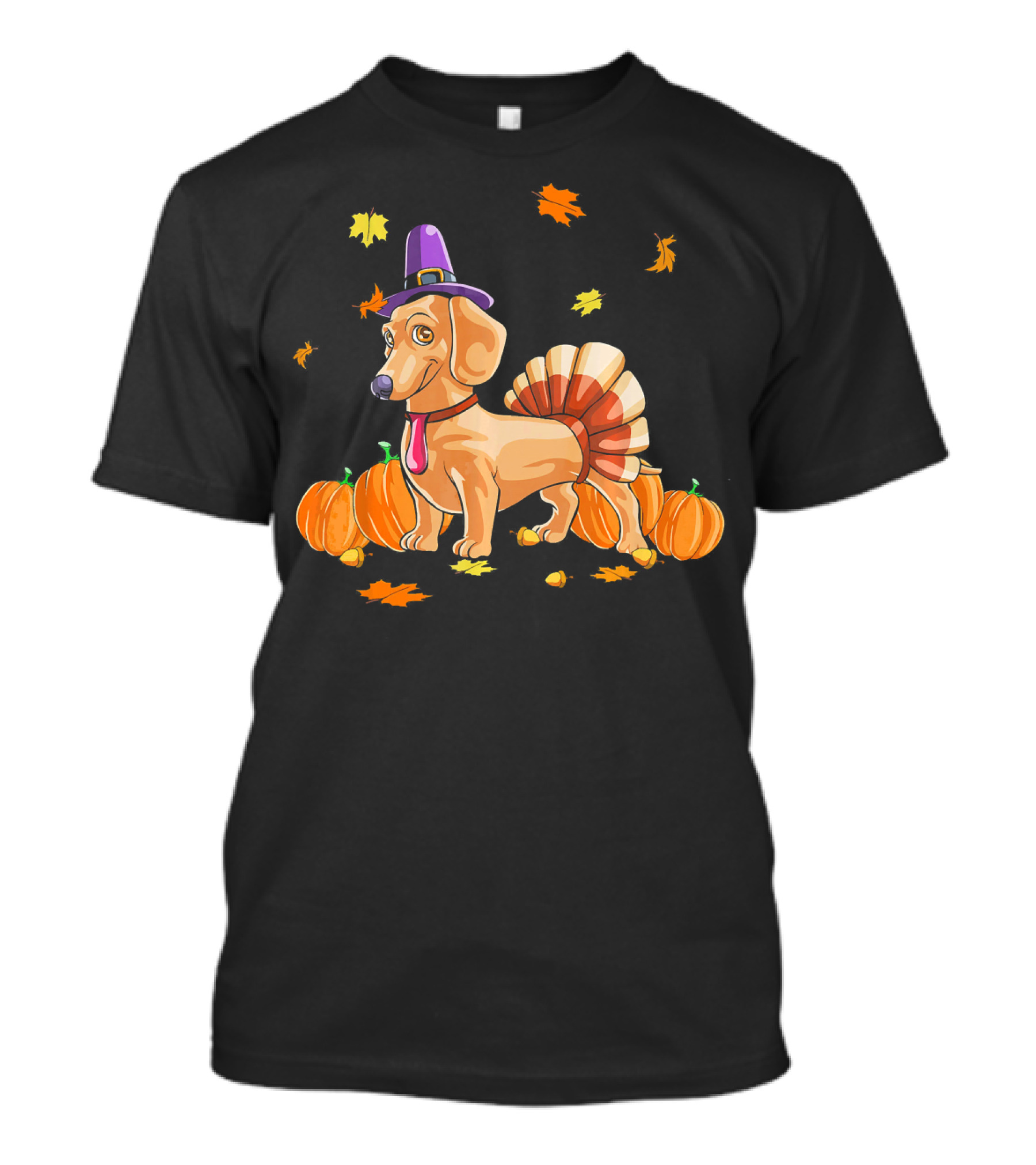 Happy Thanksgiving Dachshund Dressed As Turkey With Pumpkins And Fall Leaves T-Shirt