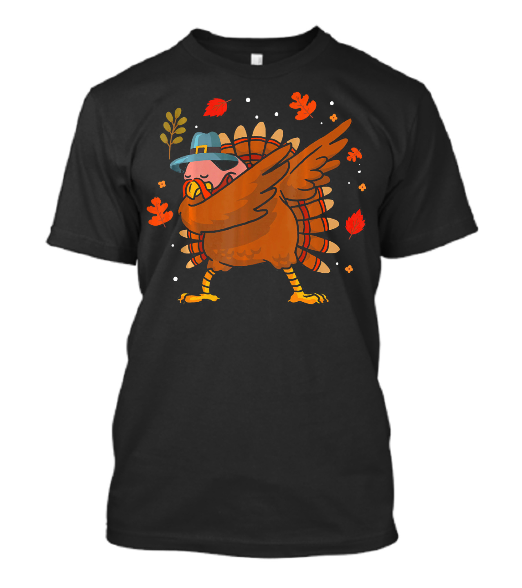 Thanksgiving Turkey Dabbing With Pilgrim Hat And Autumn Leaves T-Shirt