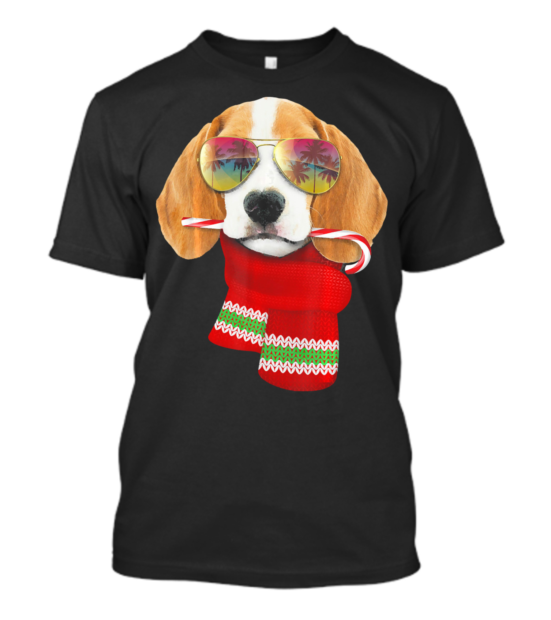 Christmas In July Beagle Sunglasses Candy Cane Scarf T-Shirt