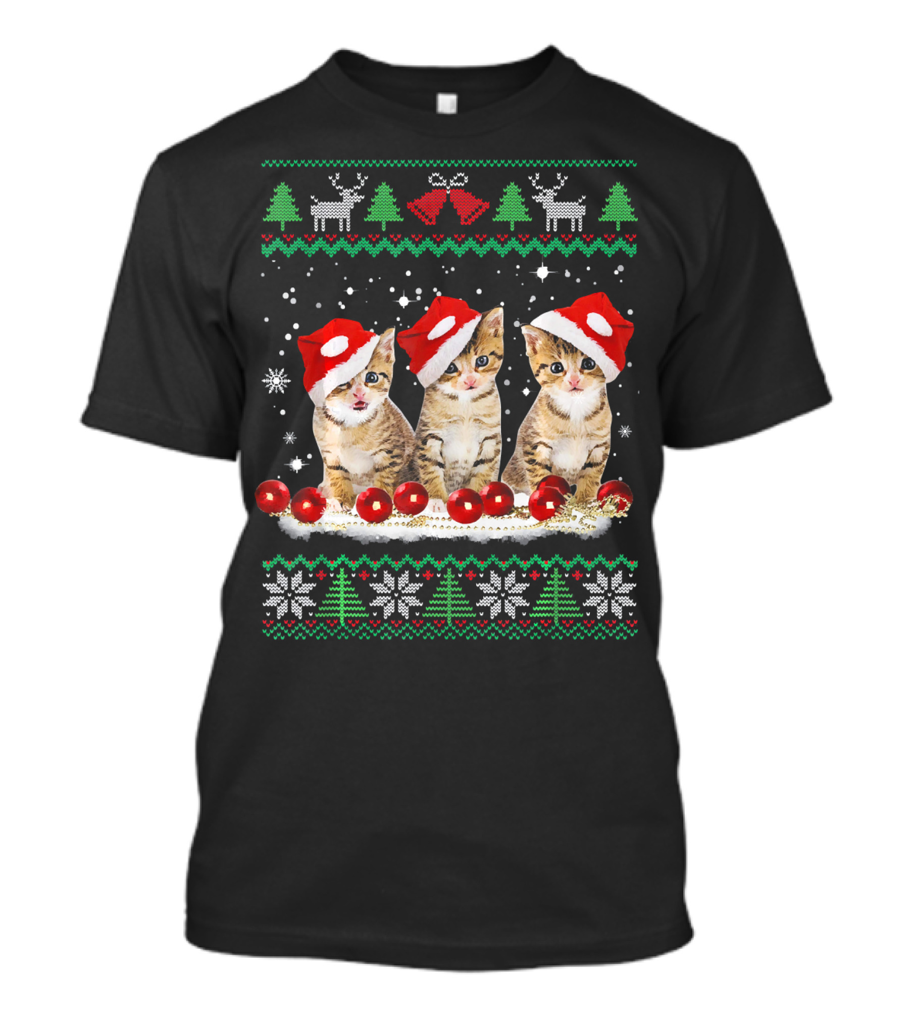 Ugly Christmas Cat Santa Hat Reindeer Bells Snowflakes Lights T-Shirt