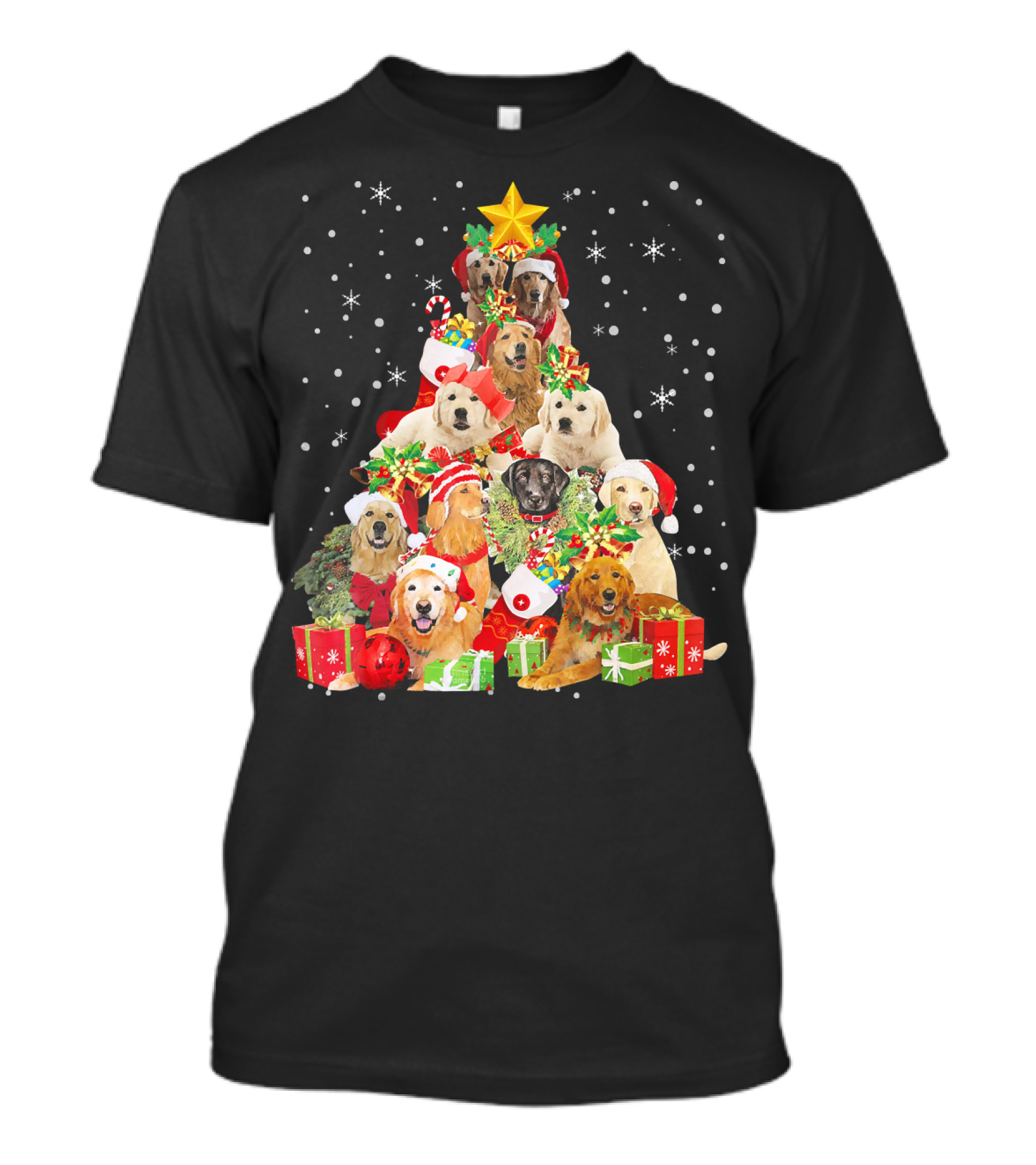 Golden Retriever Christmas Tree With Santa Hats And Presents T-Shirt