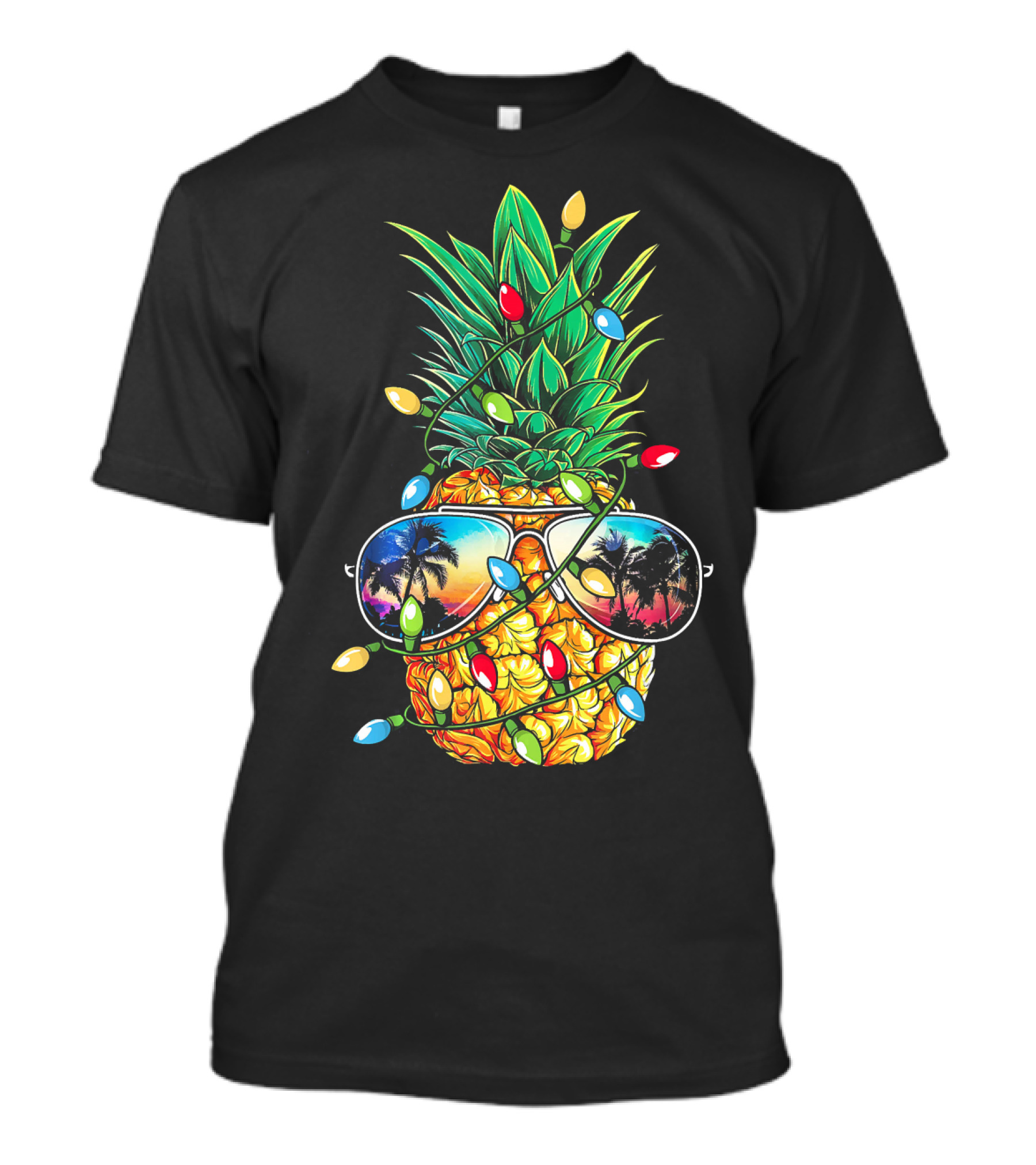 Pineapple Wrapped In Christmas Lights With Sunglasses Reflected Sunset And Palm Trees T-Shirt