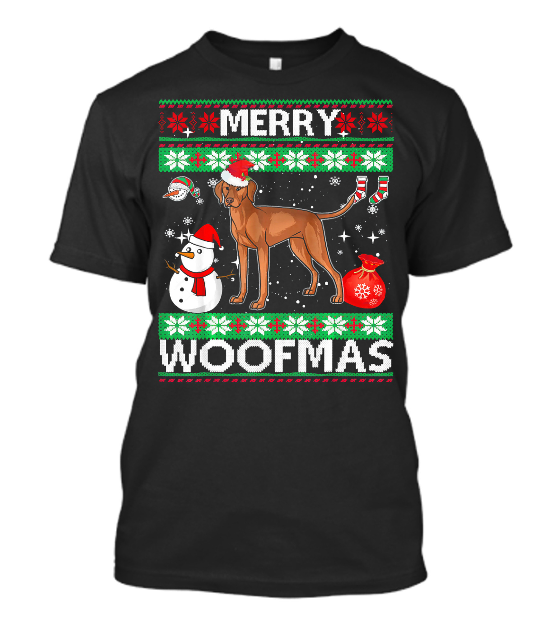 Merry Woofmas Vizsla Dog Festive Snowman Santa Hat T-Shirt