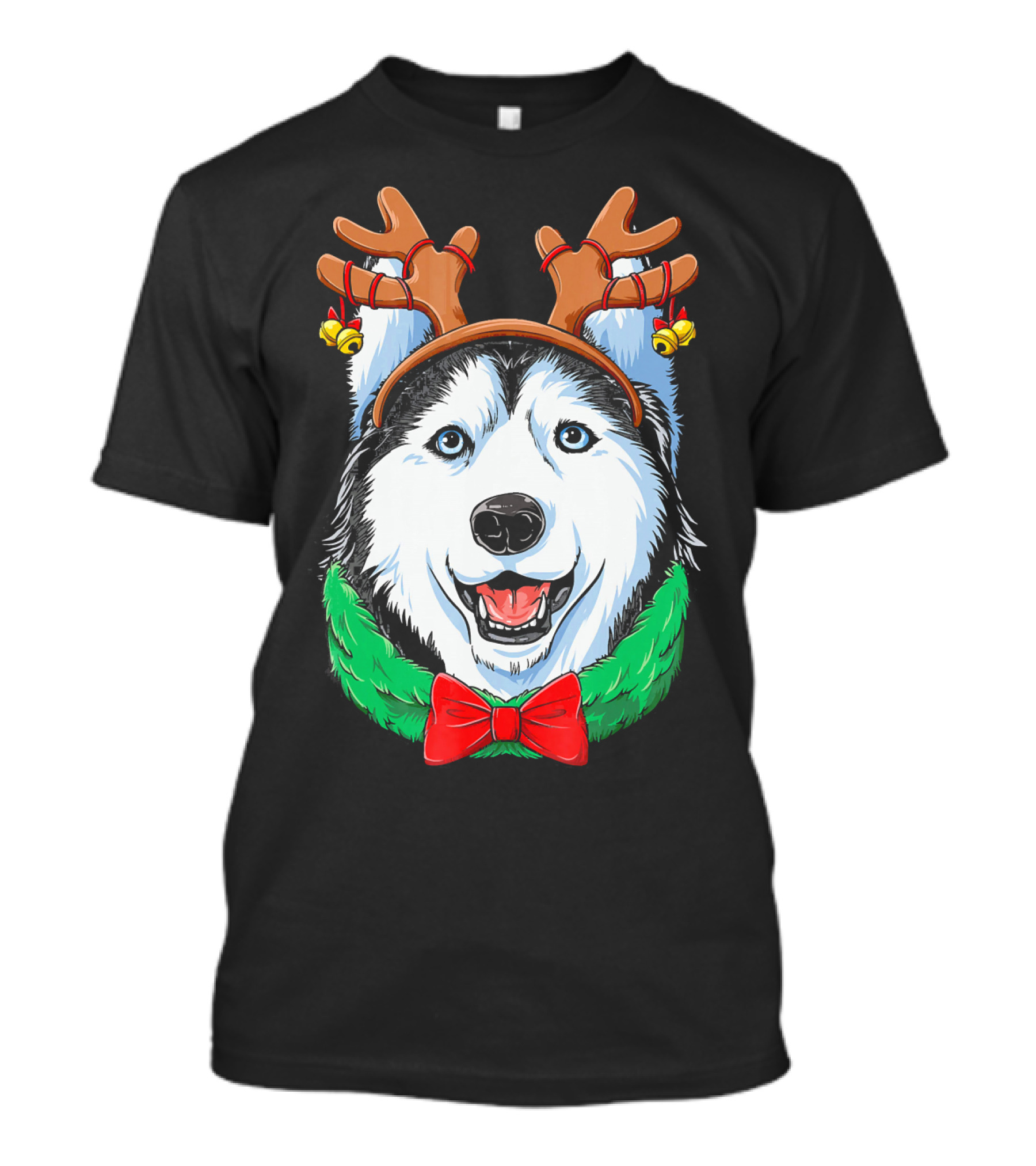 Siberian Husky With Reindeer Antlers Christmas Wreath Bow And Bells T-Shirt