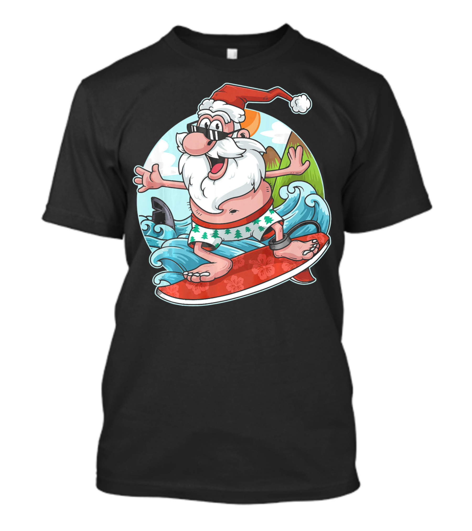 Surfing Santa Riding Waves Christmas In July Tropical Fun T-Shirt
