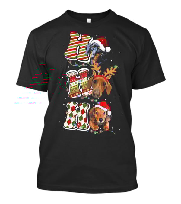 Dachshund Ho Ho Ho Christmas Reindeer Lights Santa Hat T-Shirt