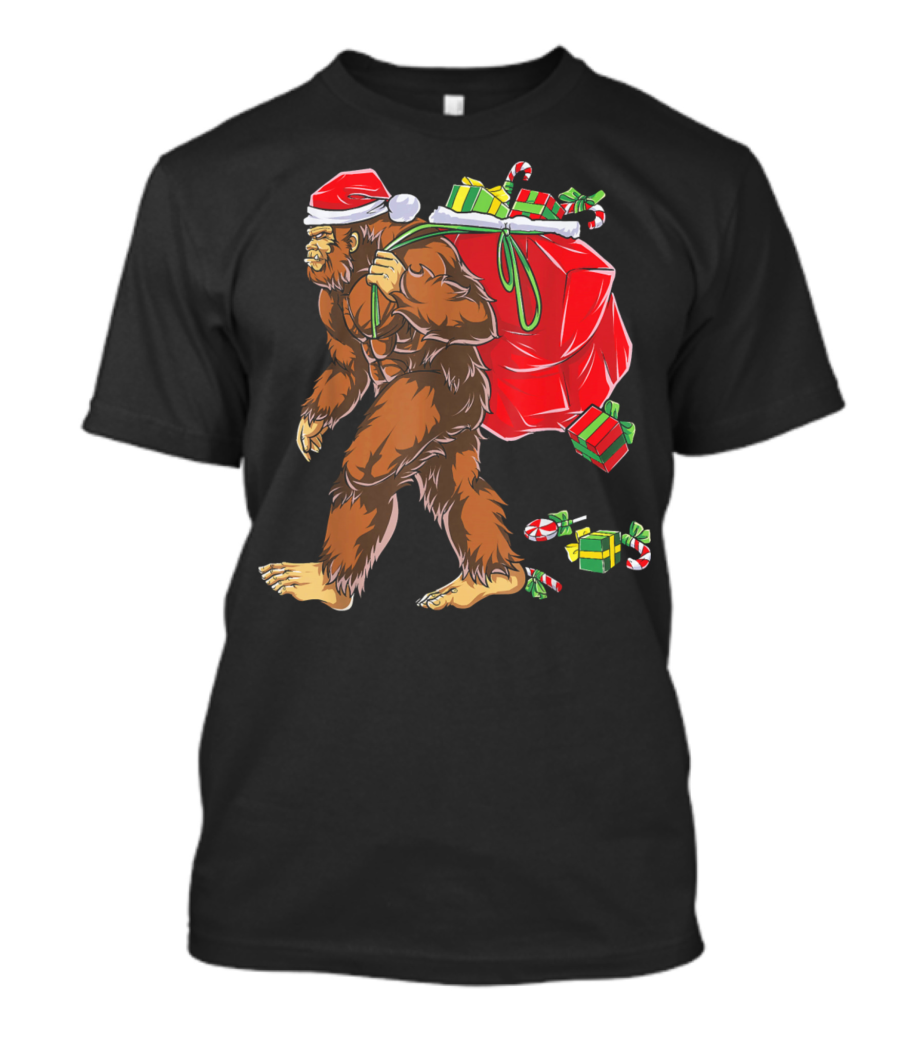 Bigfoot Santa Hat Carrying Christmas Presents And Candy Canes T-Shirt