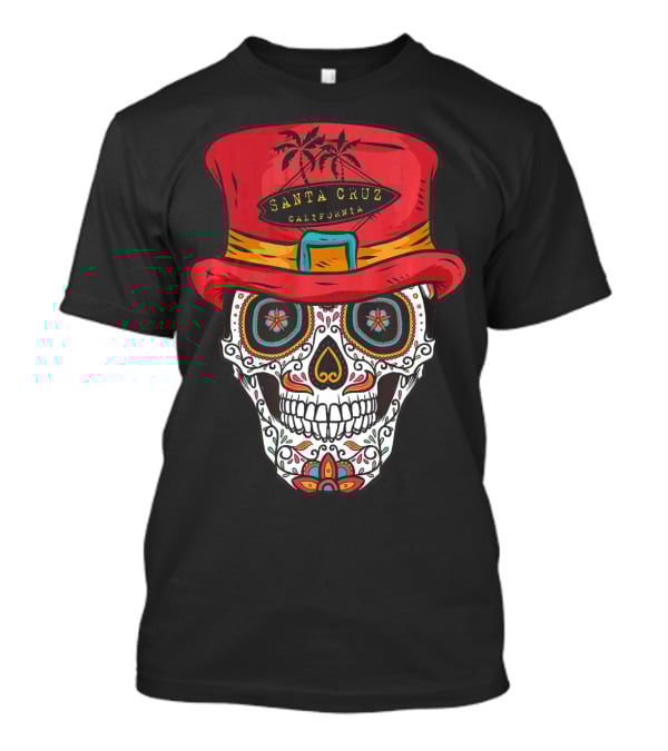 Santa Cruz California Sugar Skull Souvenir With Red Hat And Tropical Palm Trees T-Shirt