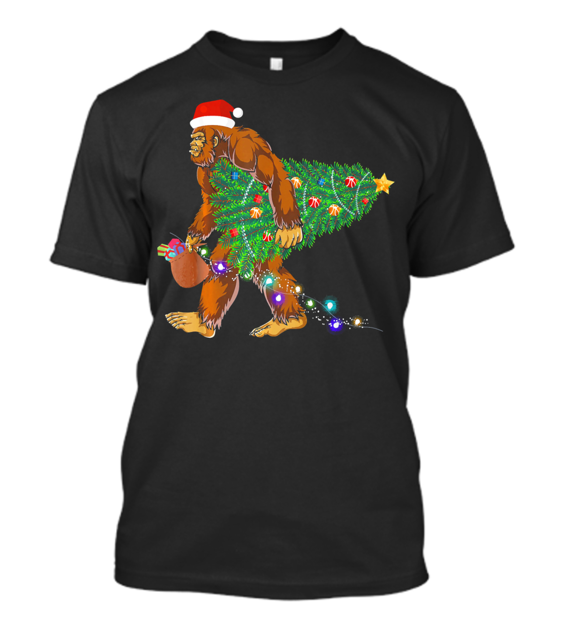 Santa Hat Bigfoot Holding Christmas Tree With Lights And Gifts T-Shirt