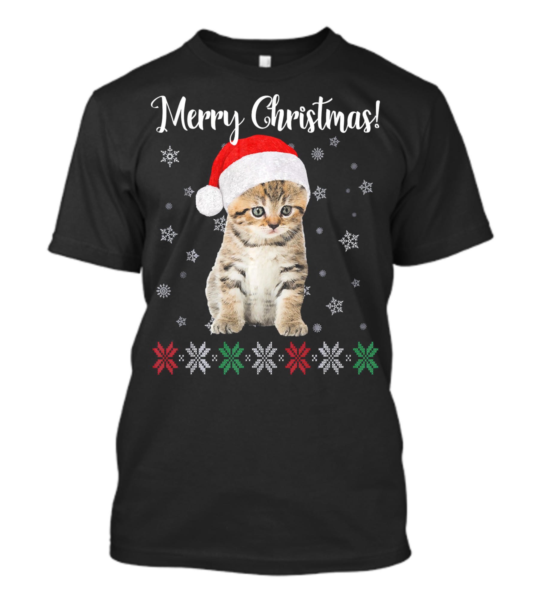 Merry Christmas Cat Wearing Santa Hat With Snowflakes And Festive Stars T-Shirt