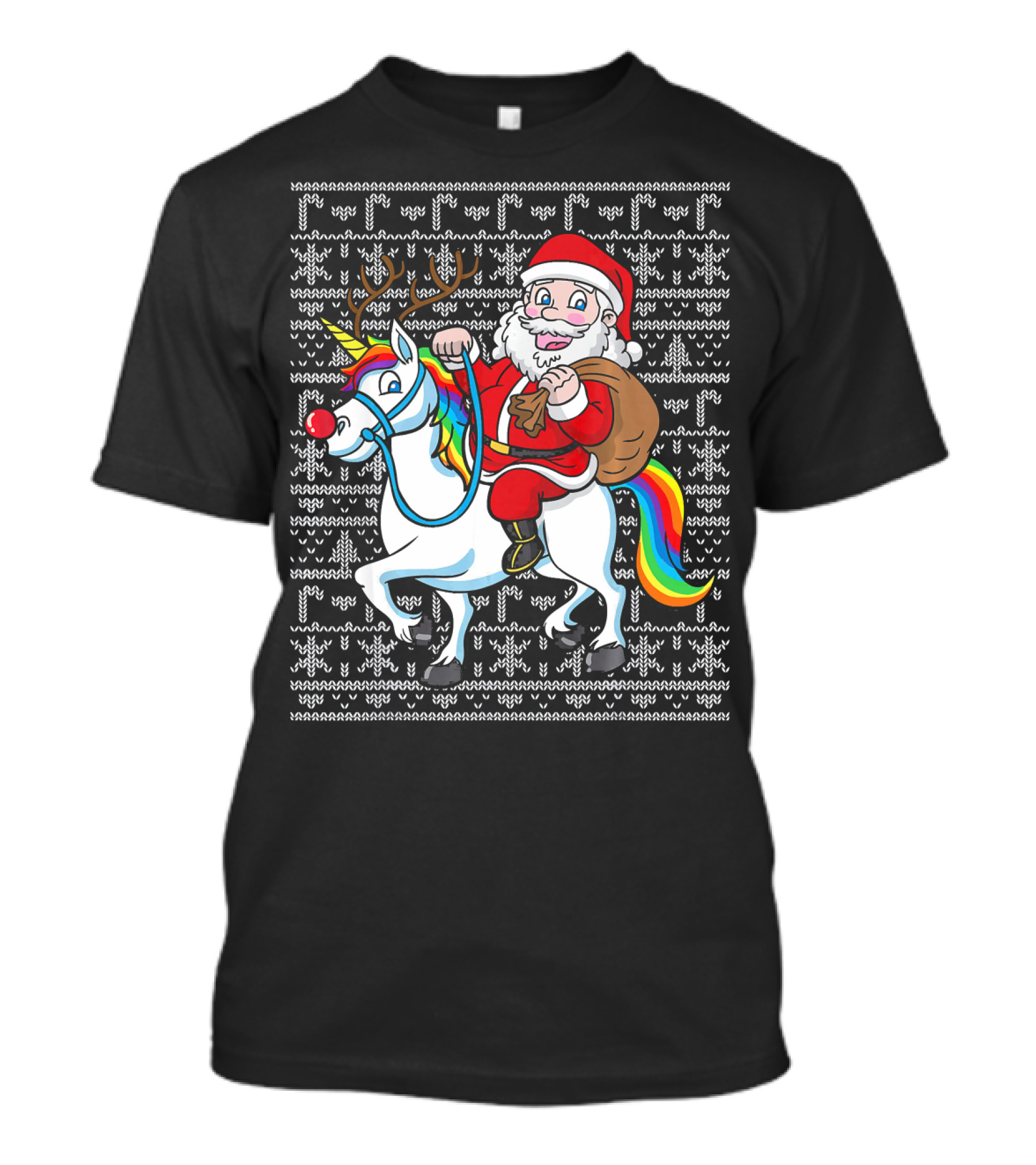 Santa Riding Reindeer-Antlered Rainbow Unicorn On Christmas T-Shirt