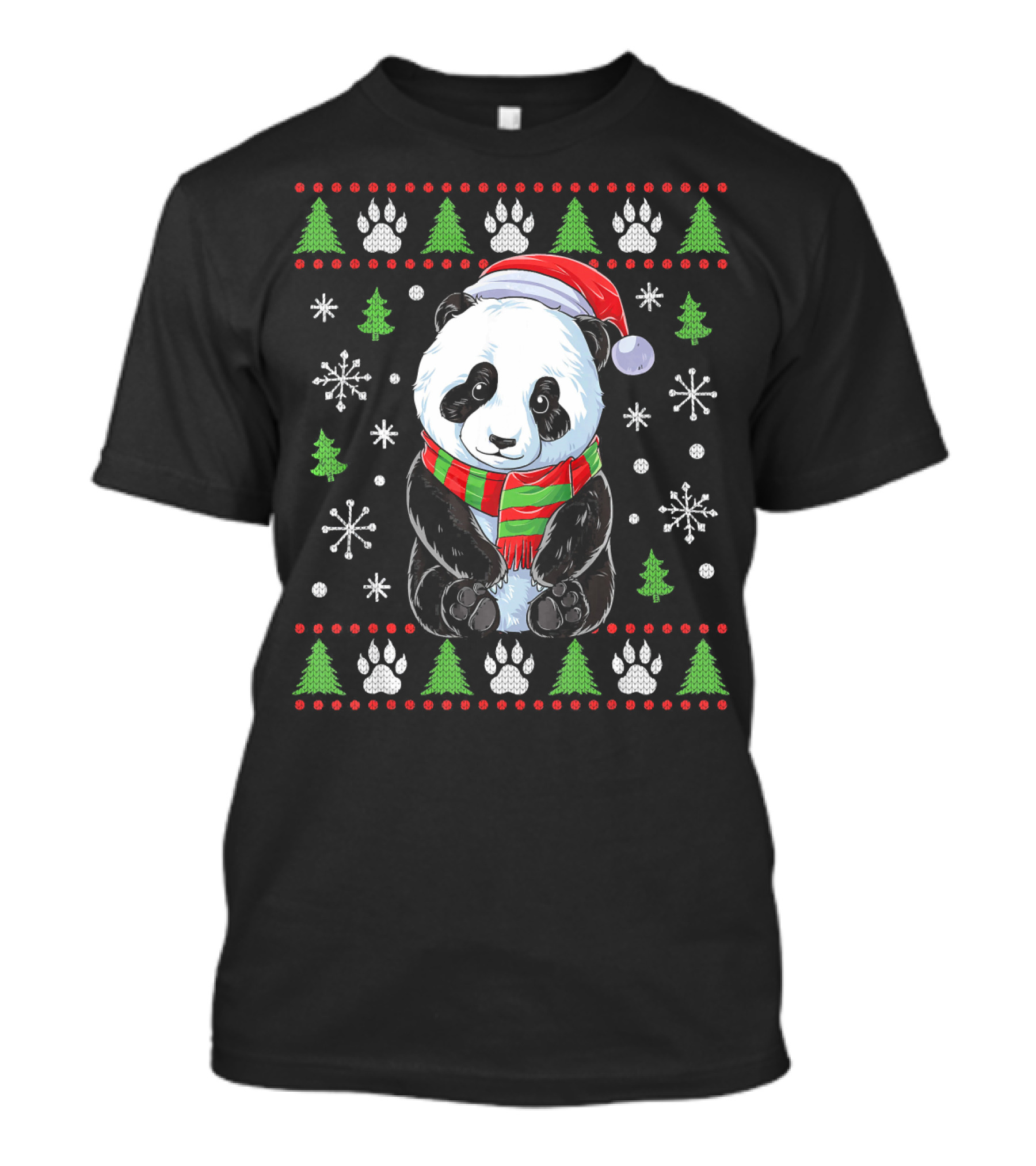 Panda Santa Ugly Christmas Sweater With Trees And Snowflakes T-Shirt
