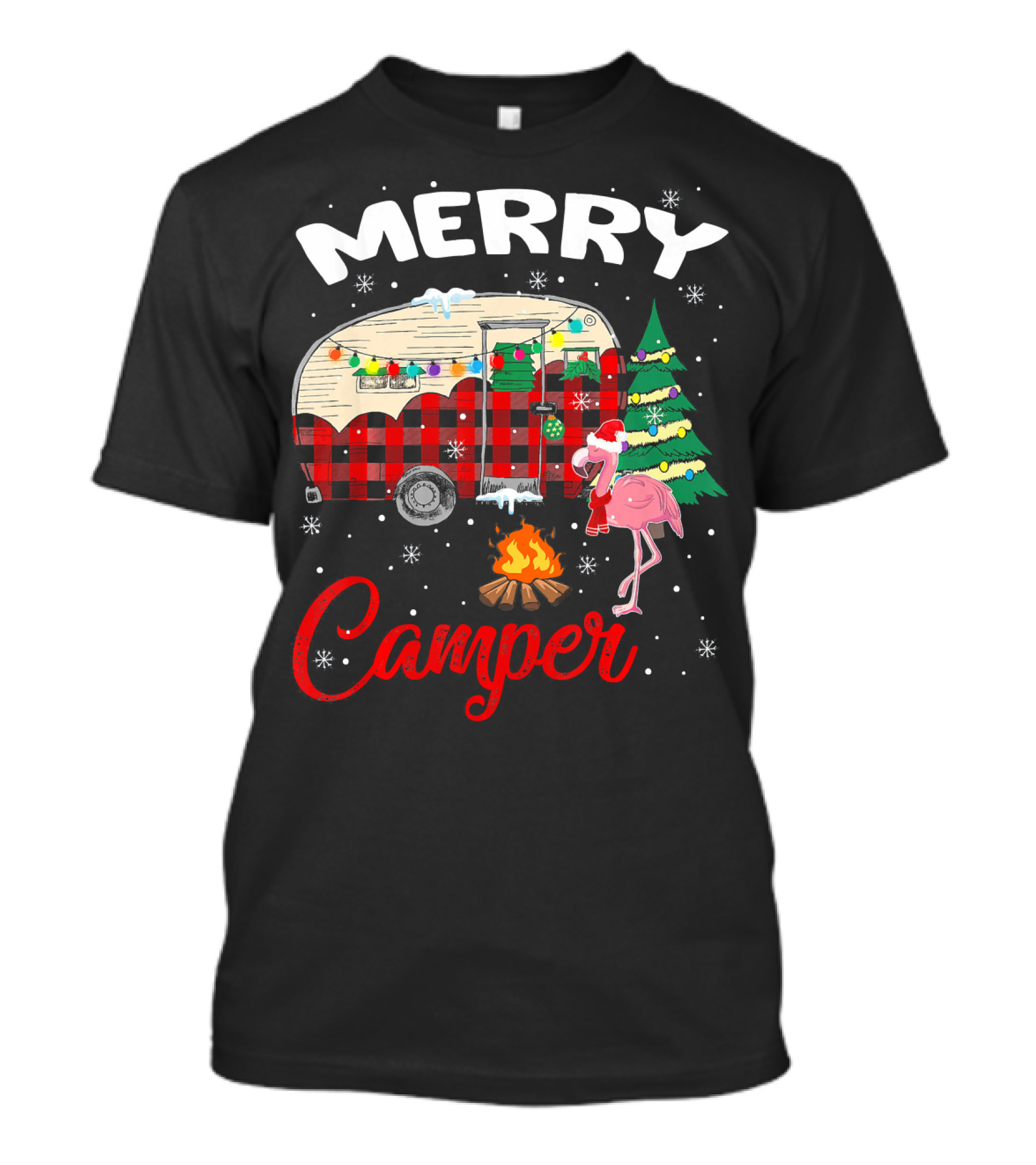 Merry Camper Christmas Camping Flamingo And Campfire Scene T-Shirt