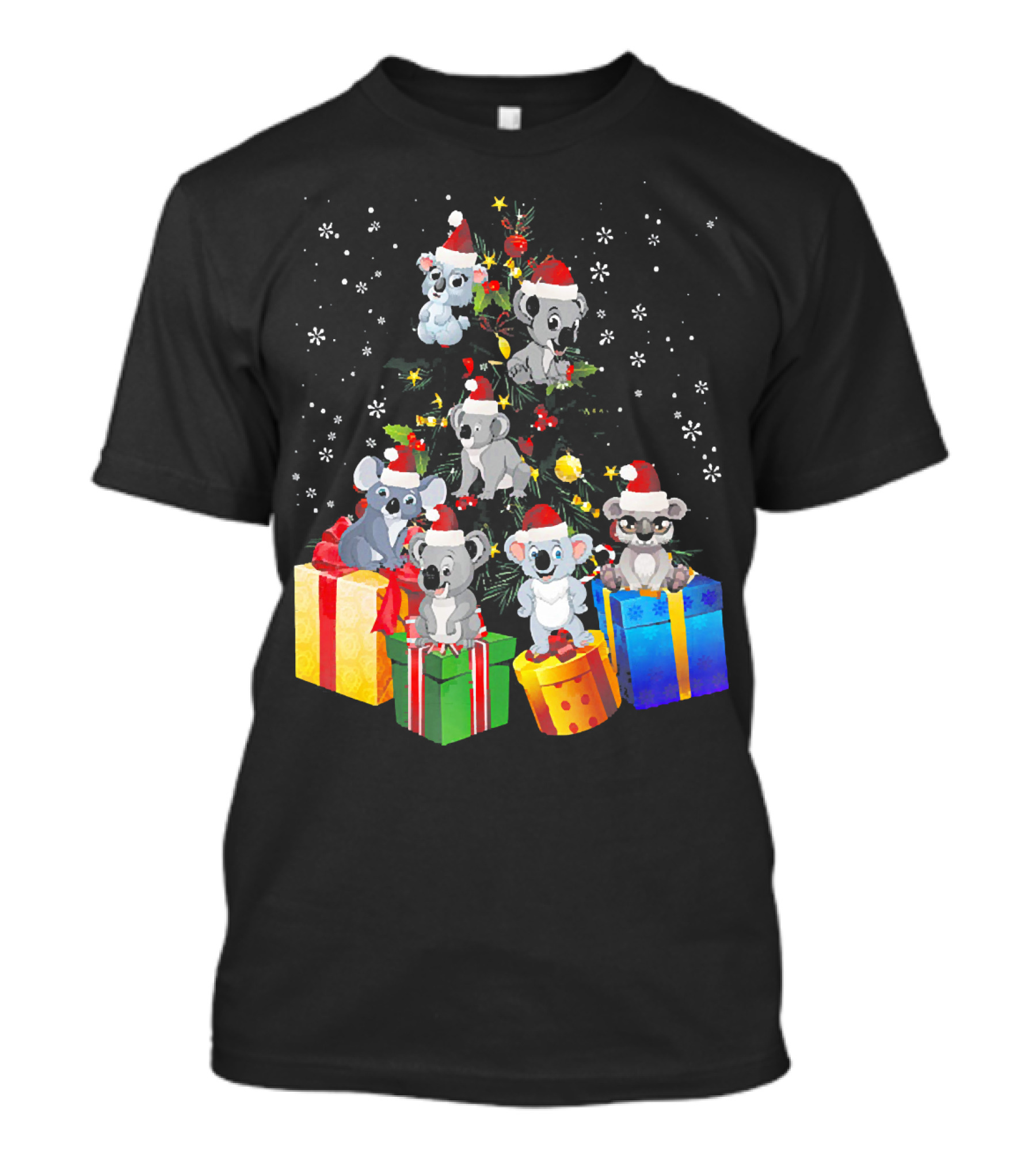Christmas Koala With Santa Hats And Gifts On Snowy Pine Tree T-Shirt