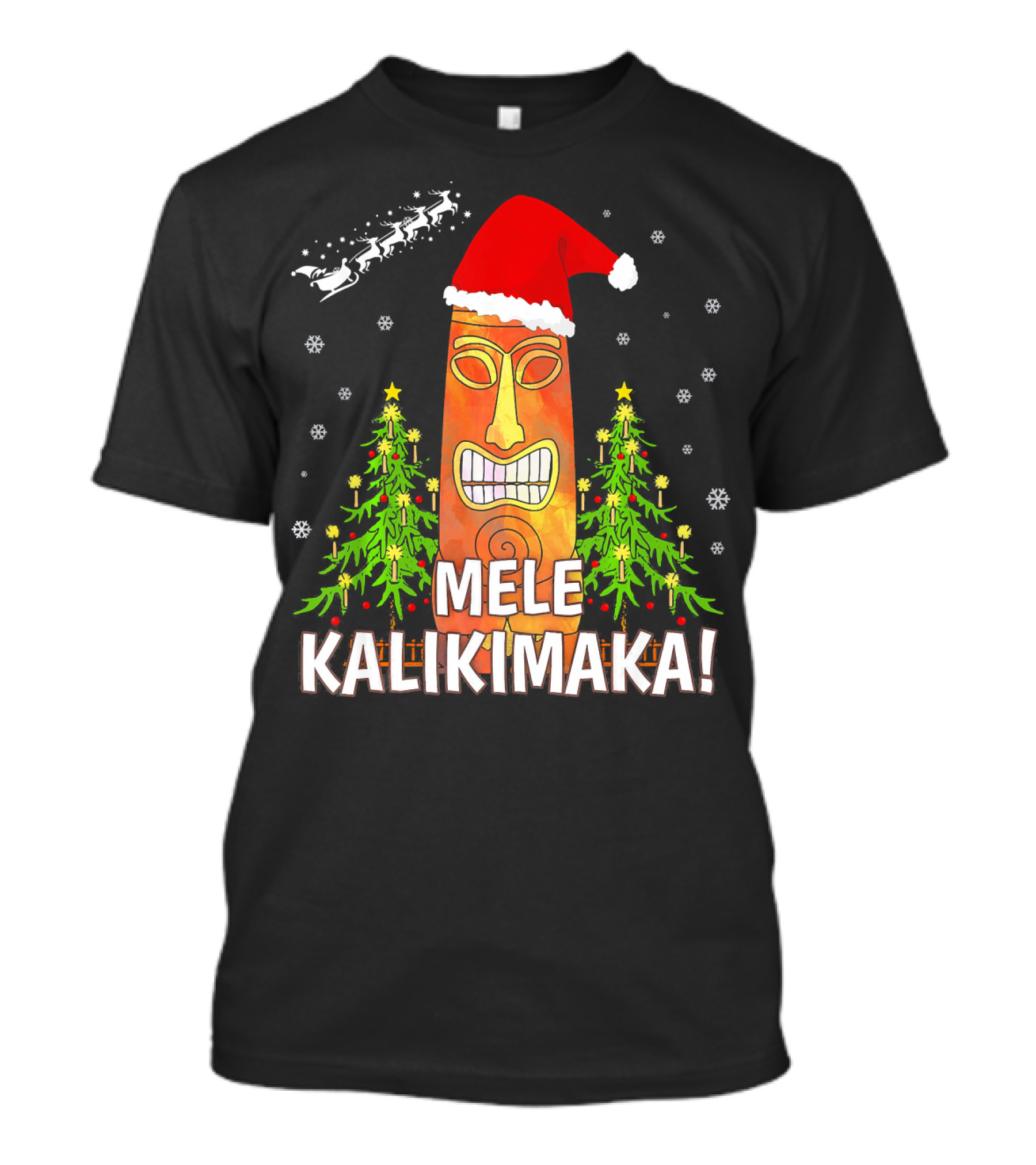 Mele Kalikimaka Santa Hat Tiki Christmas Trees Snowflakes Santa Sleigh T-Shirt