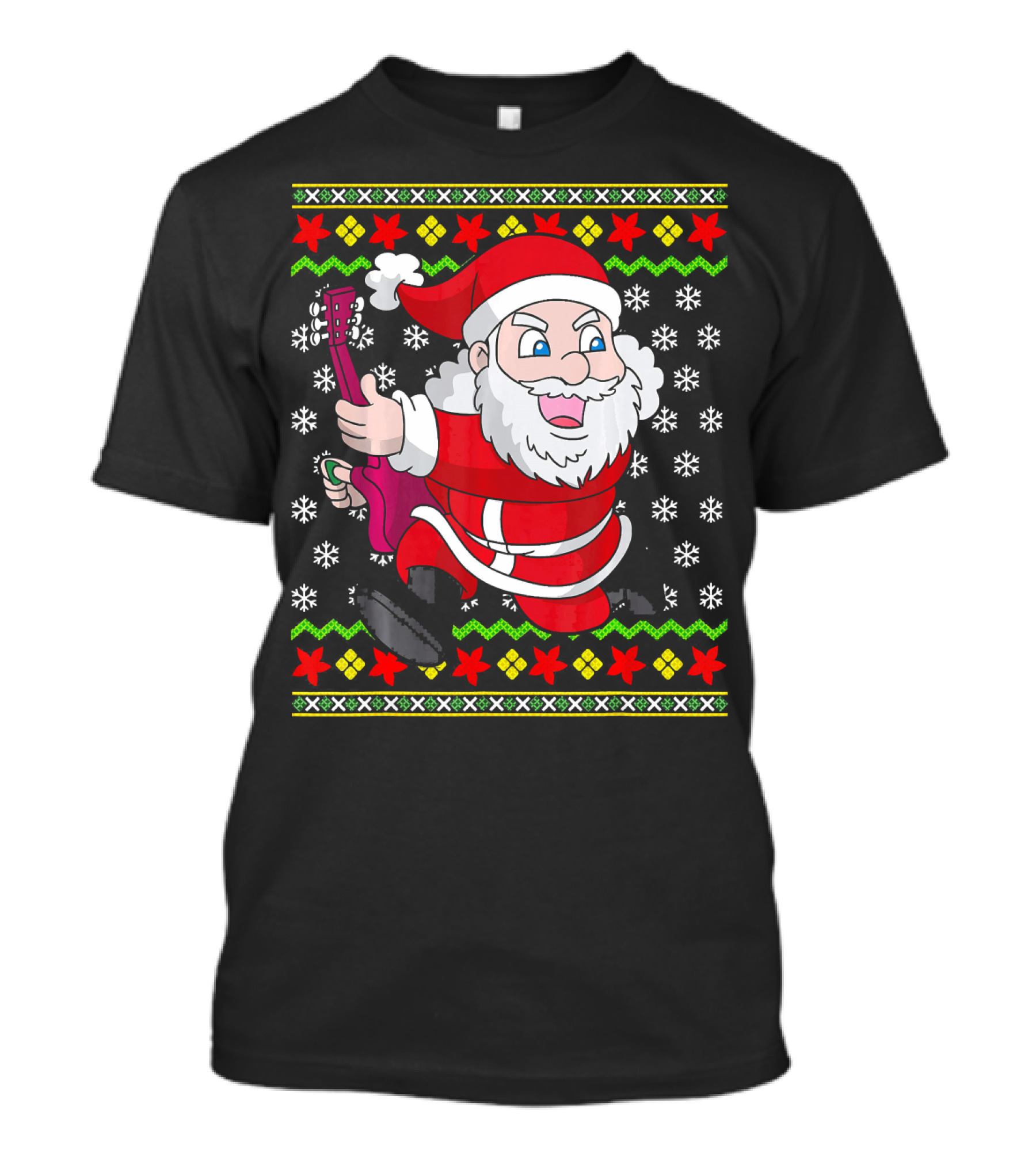 Ugly Christmas Santa Playing Guitar Festive T-Shirt