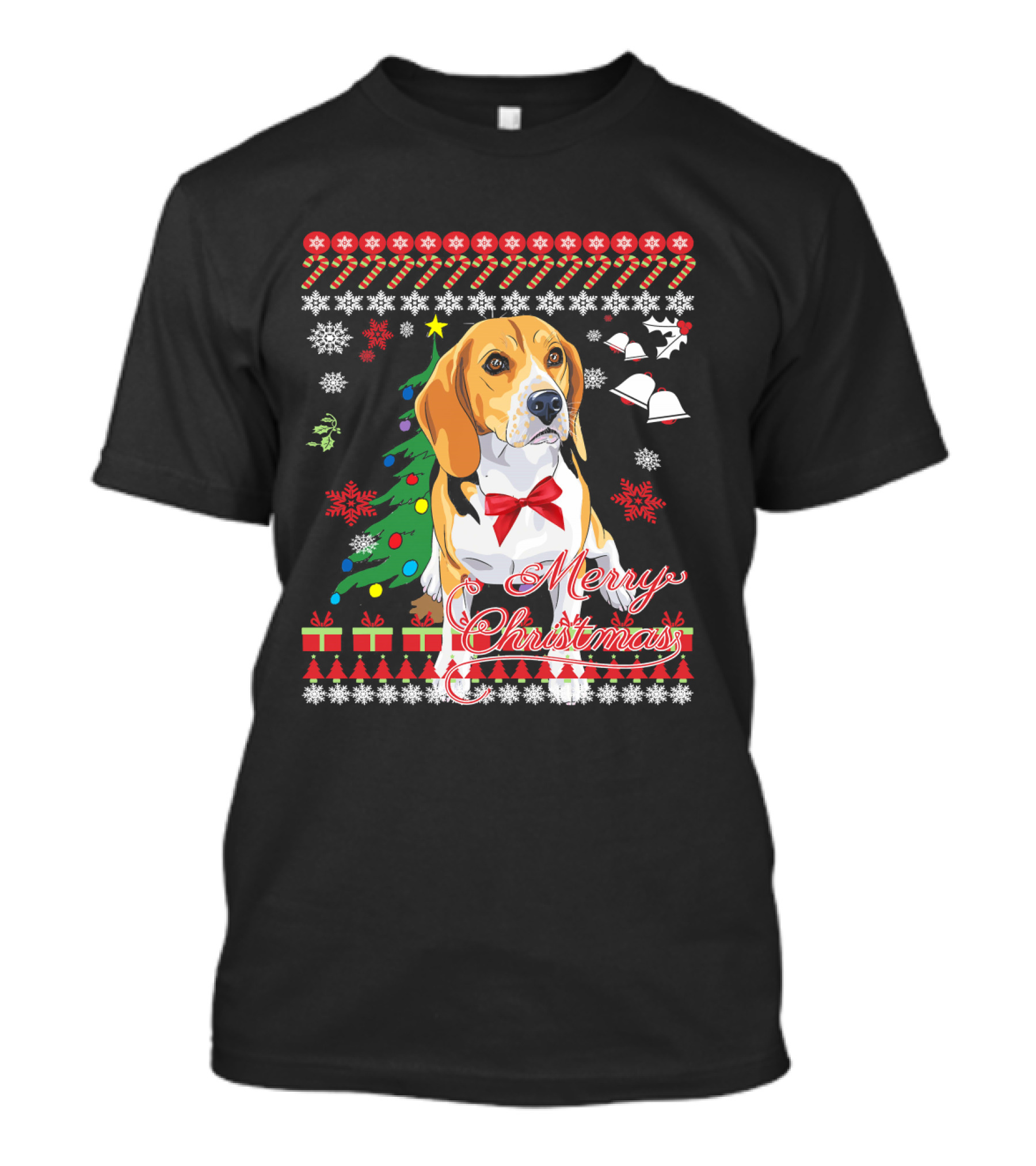 Merry Christmas Beagle With Candy Canes Snowflakes Bells And Gifts T-Shirt