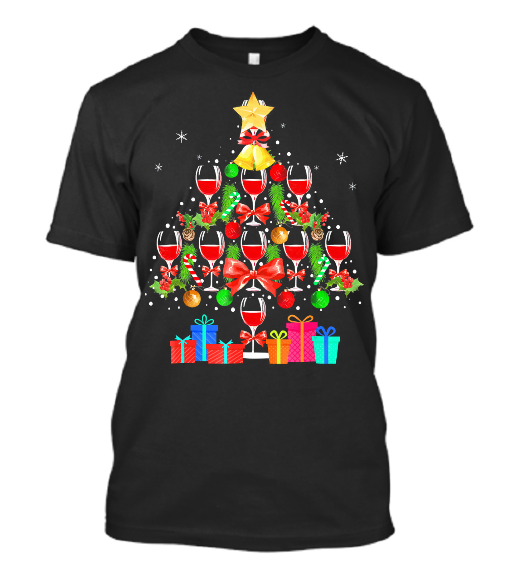 Wine Glass Christmas Tree With Gifts And Decorations T-Shirt