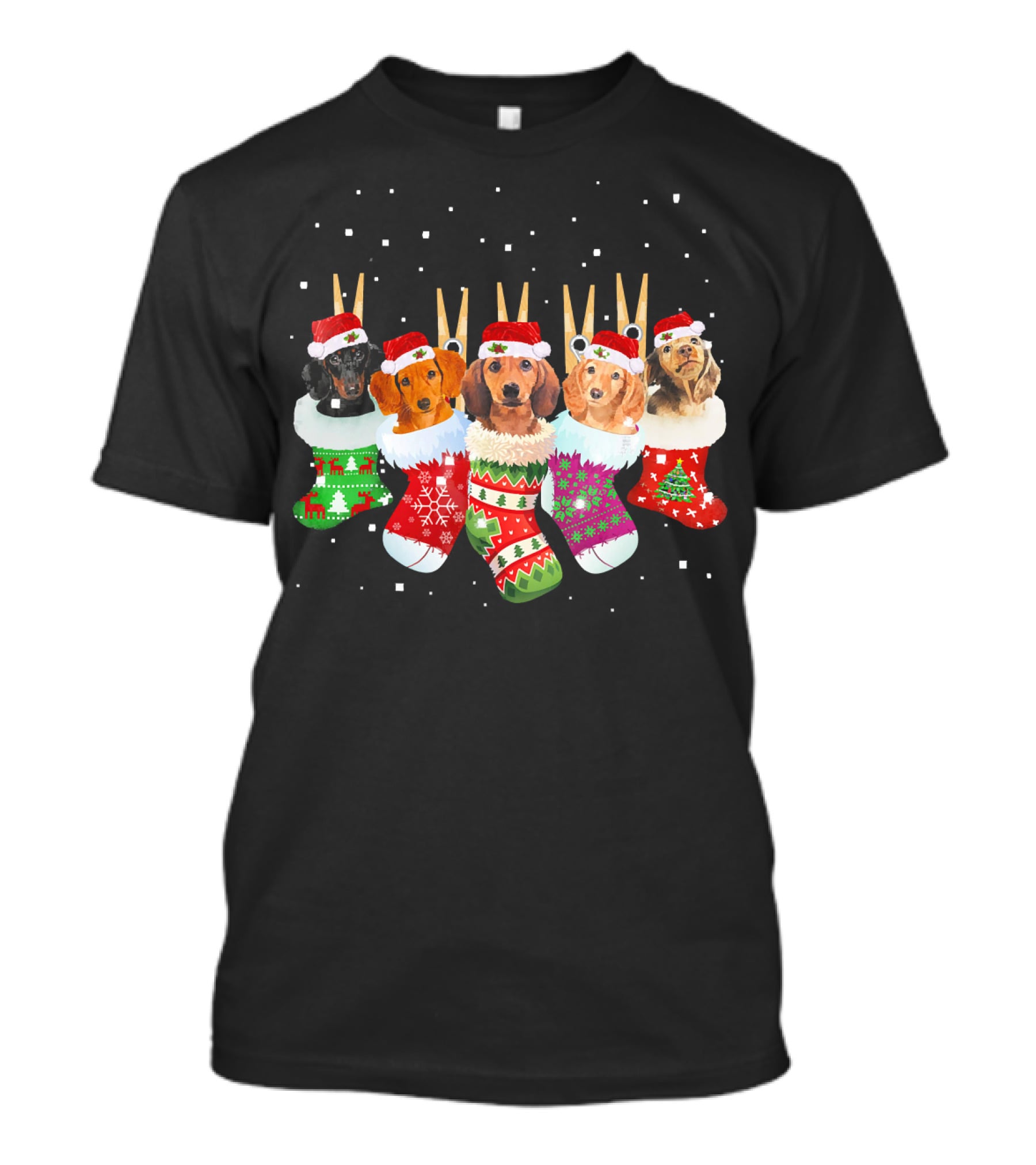 Christmas Socks Dachshund Santa Hats Snowflakes T-Shirt