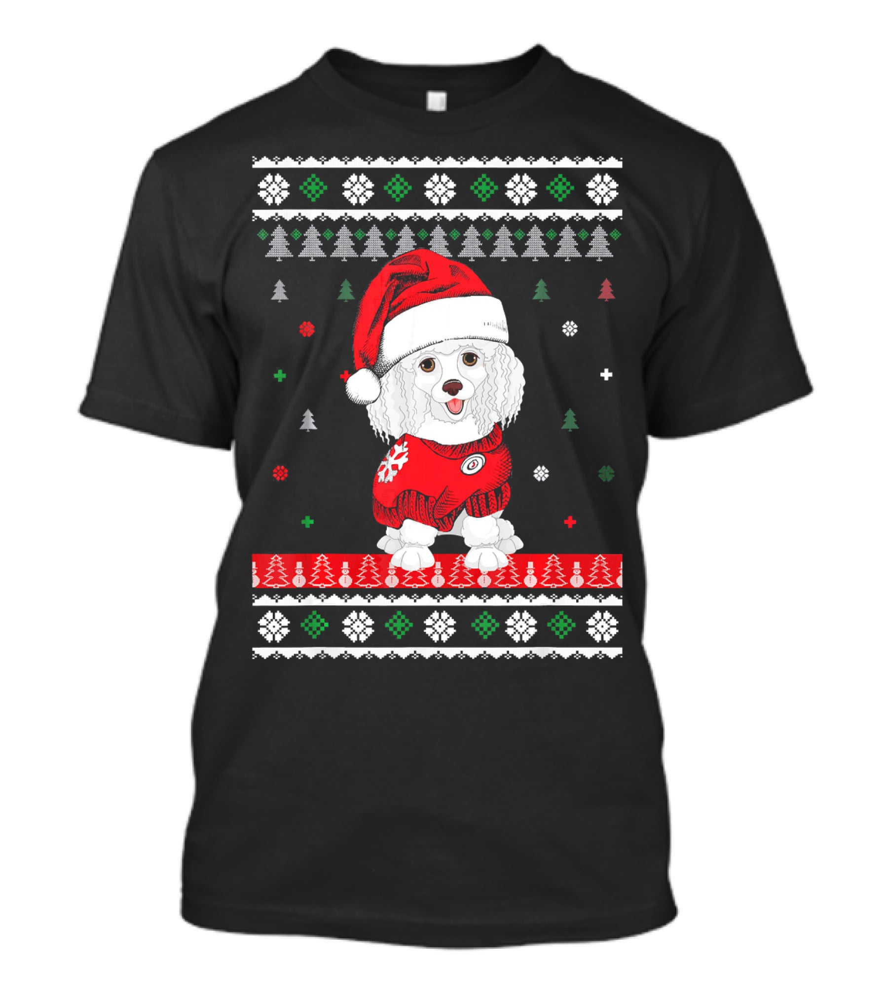 Cute Dog Standard Poodle Santa Hat Christmas Sweater Trees Snowflakes T-Shirt