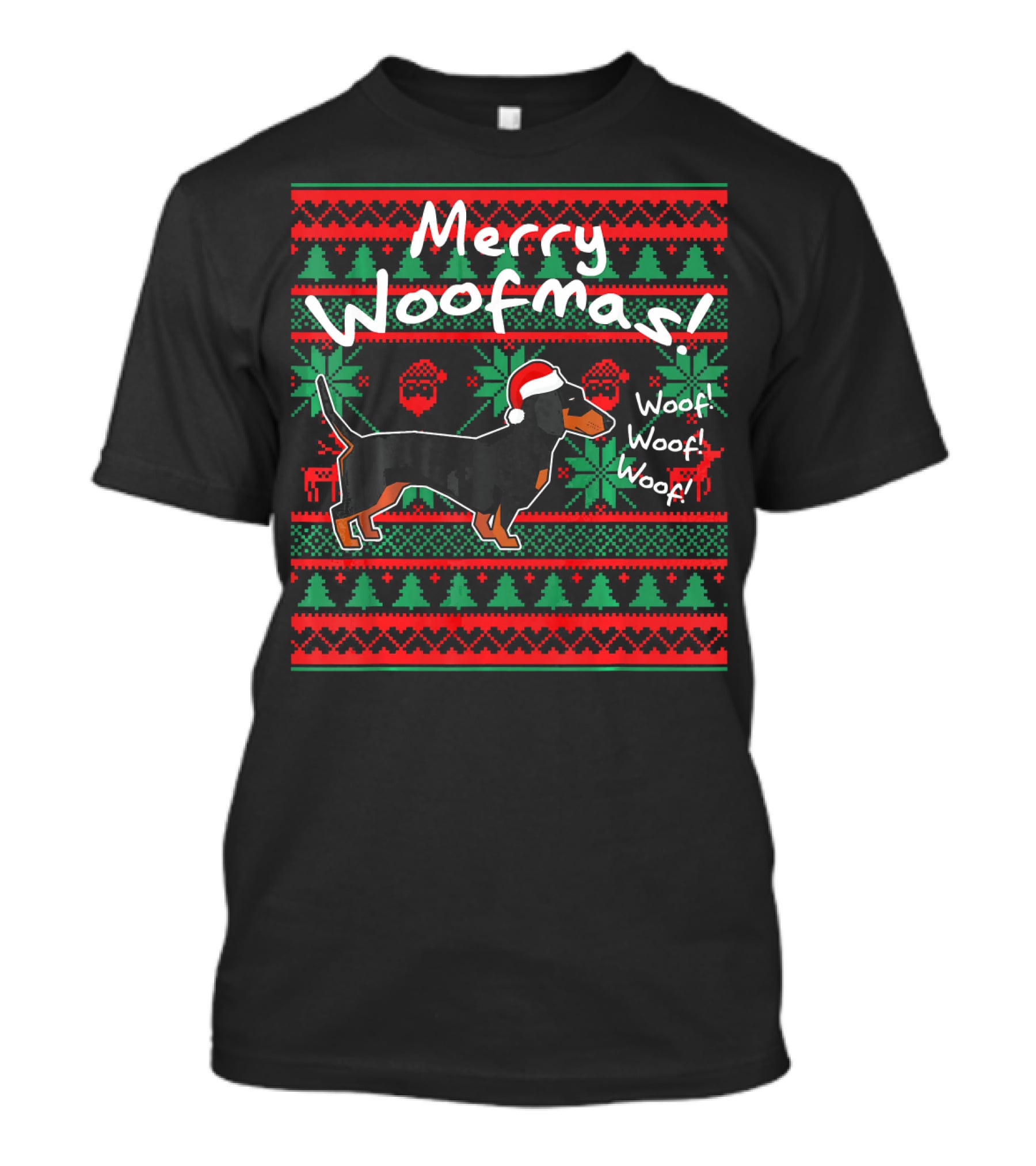 Merry Woofmas Dachshund Dog With Santa Hat Woof Woof Woof Christmas T-Shirt