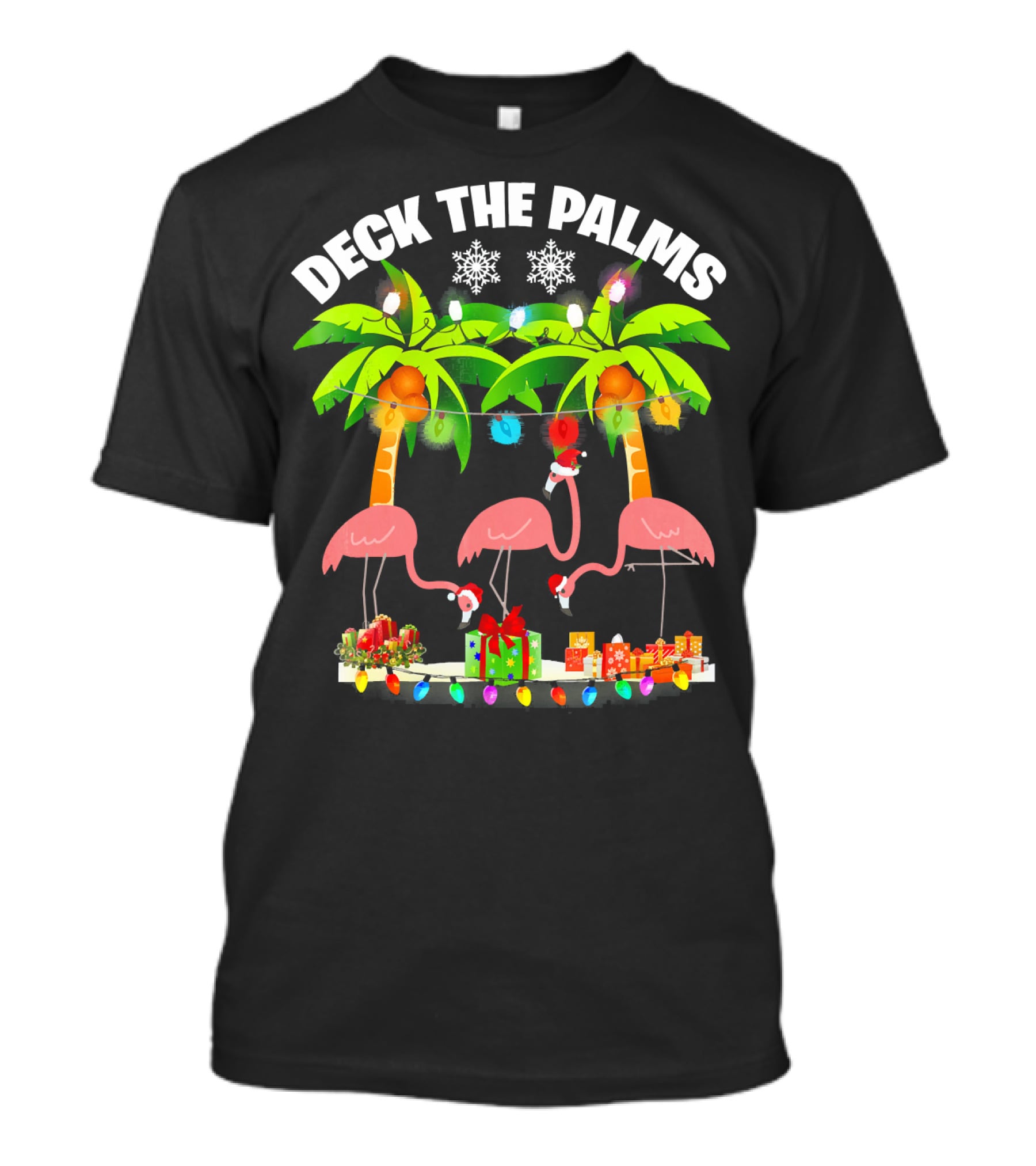 Deck The Palms Flamingo Christmas Lights And Gifts T-Shirt