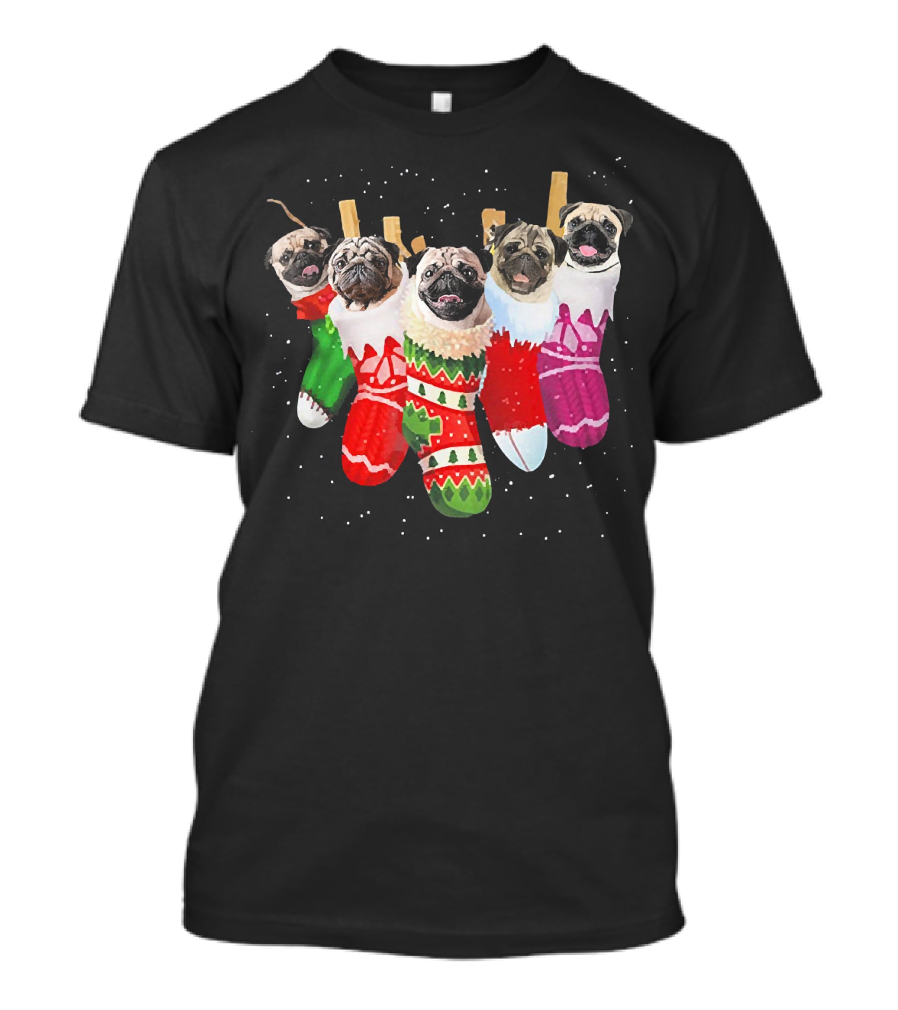 Pug Heads In Colorful Christmas Stockings With Snowflakes T-Shirt