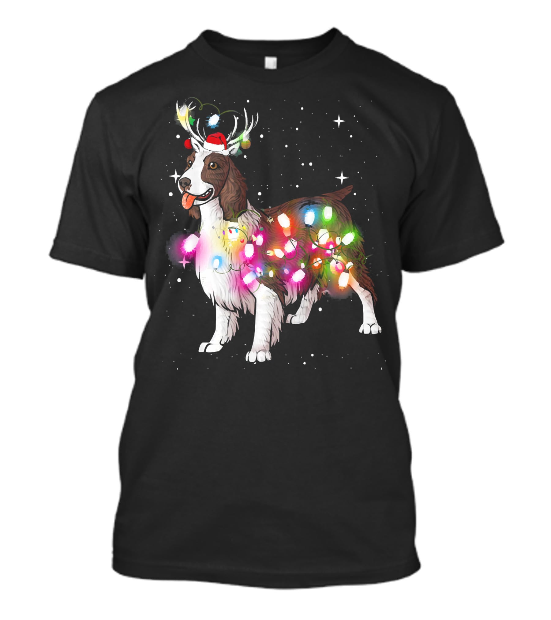 Christmas Lights English Springer Spaniel With Reindeer Antlers And Santa Hat T-Shirt