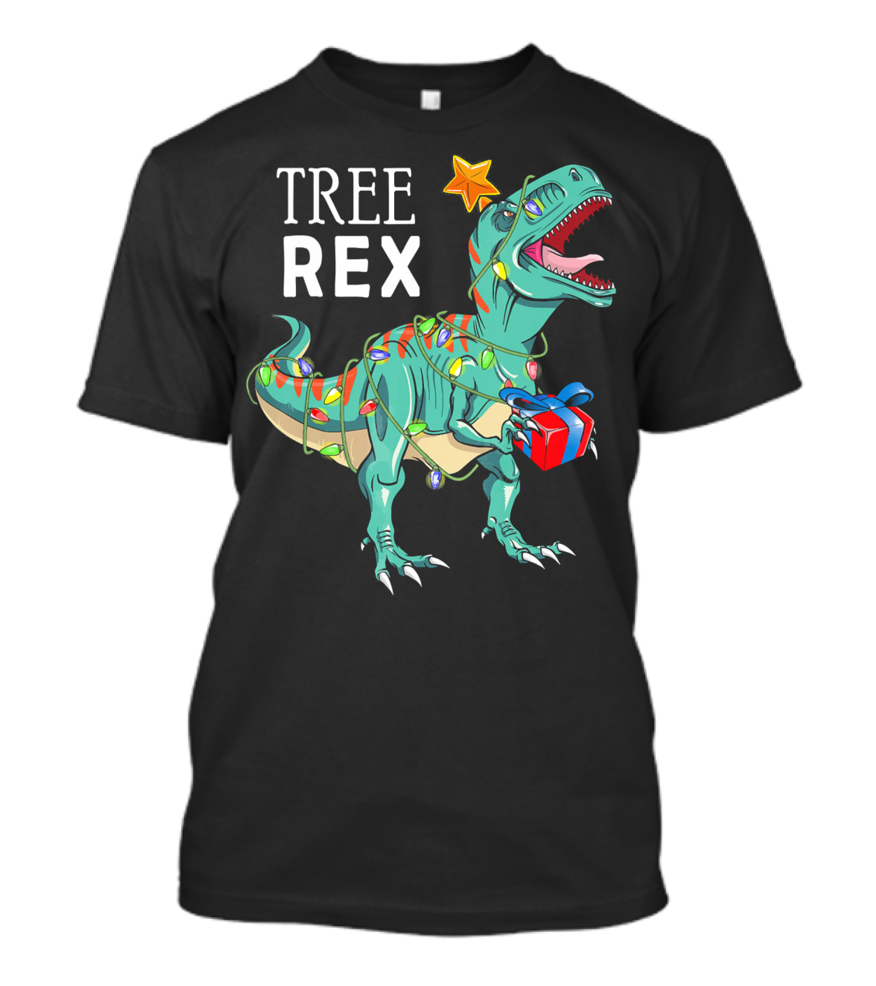 Tree Rex Dinosaur With Christmas Lights And Gift T-Shirt