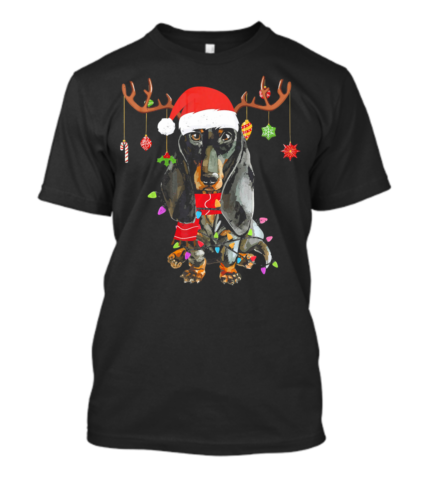 Funny Dachshund Christmas Reindeer Light Festive Holiday Puppy With Santa Hat And Antlers T-Shirt