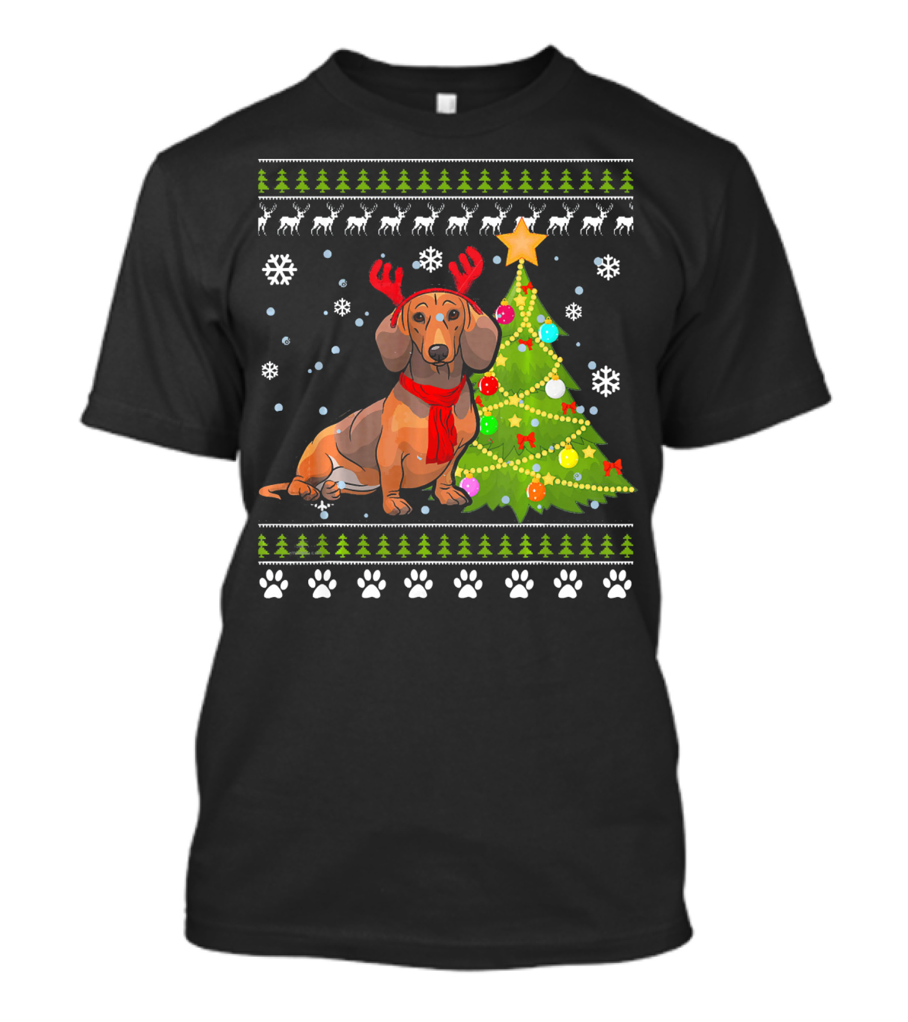 Dachshund Ugly Christmas Reindeer Antlers Christmas Tree Snowflakes T-Shirt