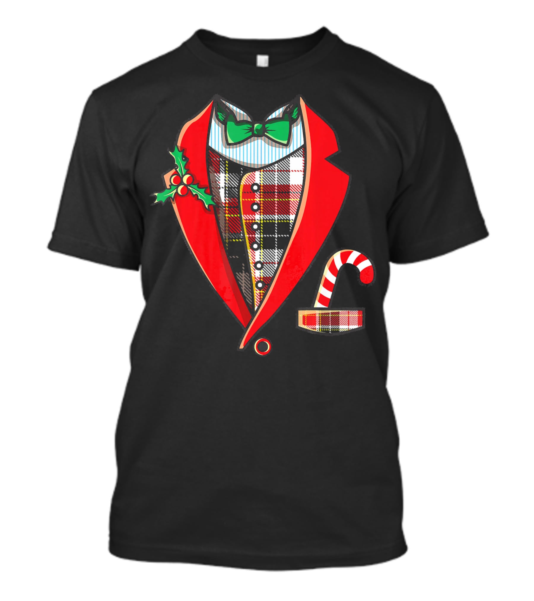 Christmas Tuxedo Plaid Suit Jacket With Green Bow Tie And Candy Cane T-Shirt