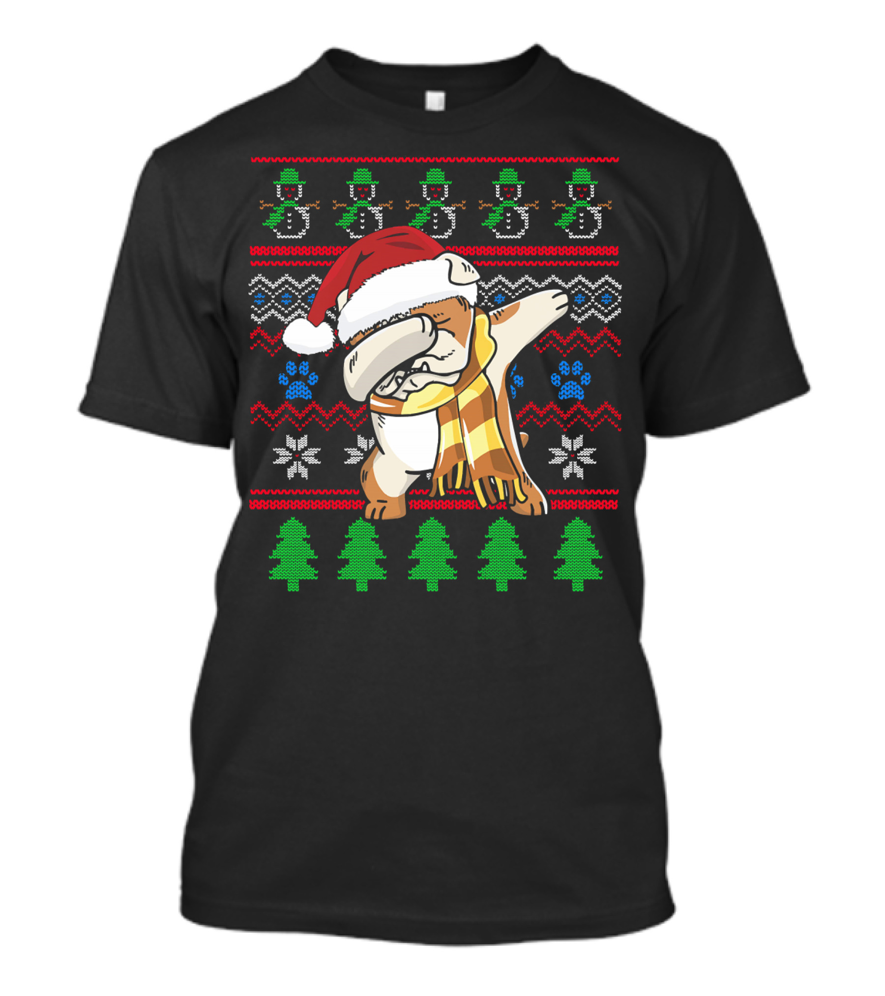 Bulldog Dabbing UglyStyle Santa Hat Christmas Trees Snowmen T-Shirt